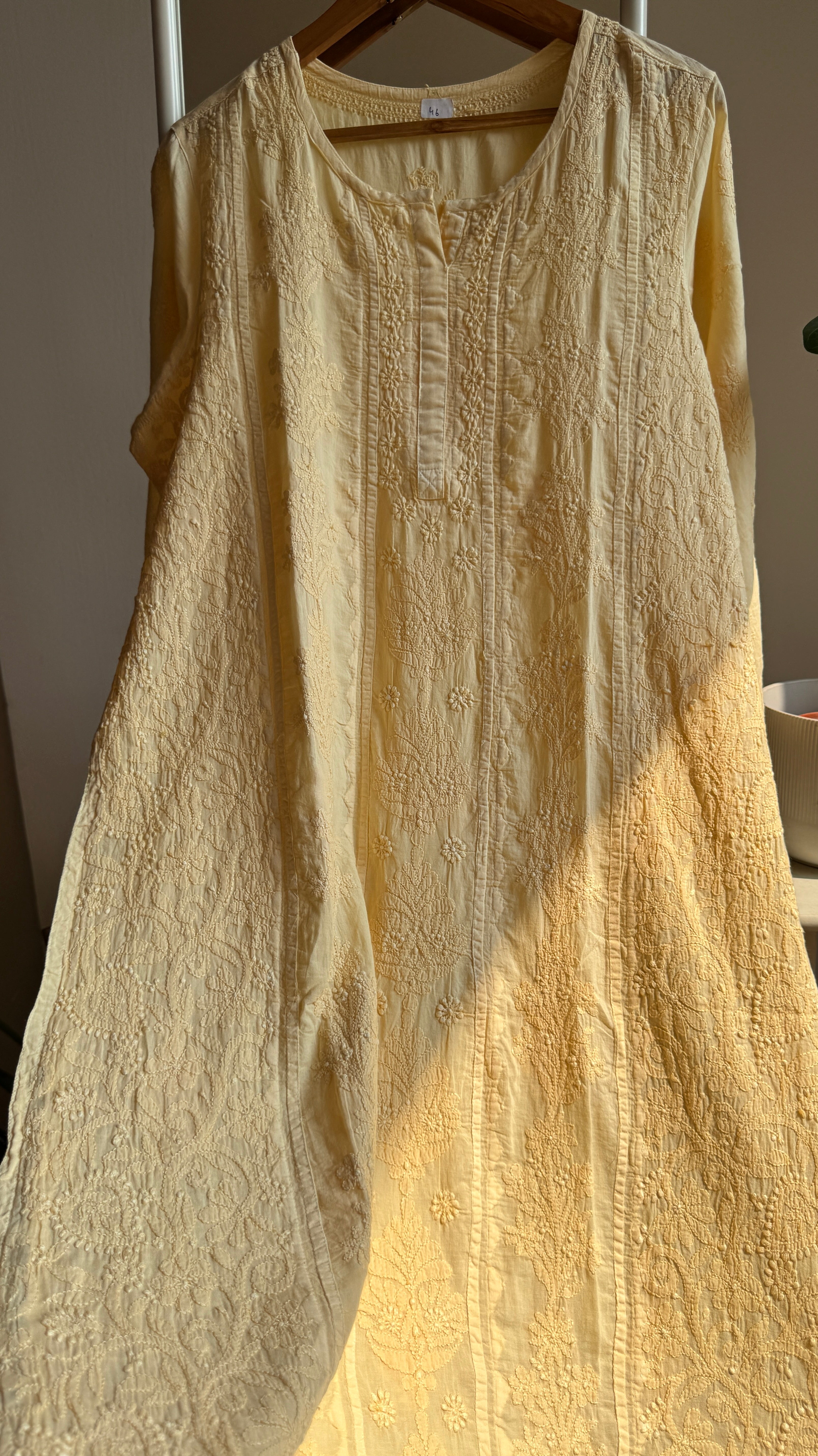 Mul Cotton Cream Yellow Chikankari Kurti - Bela Collection