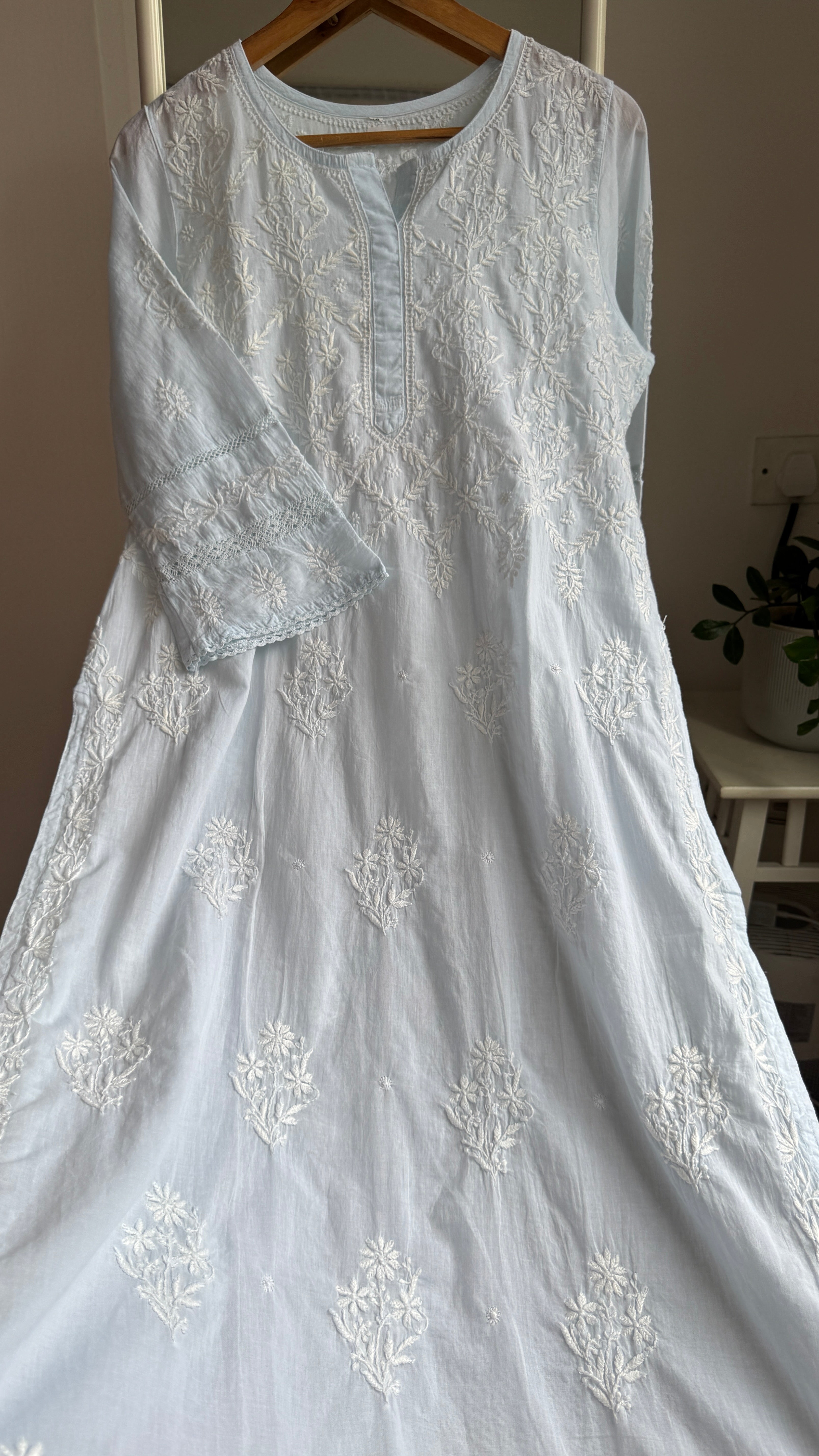Mul Cotton Baby Blue Chikankari Kurti - Bela Collection