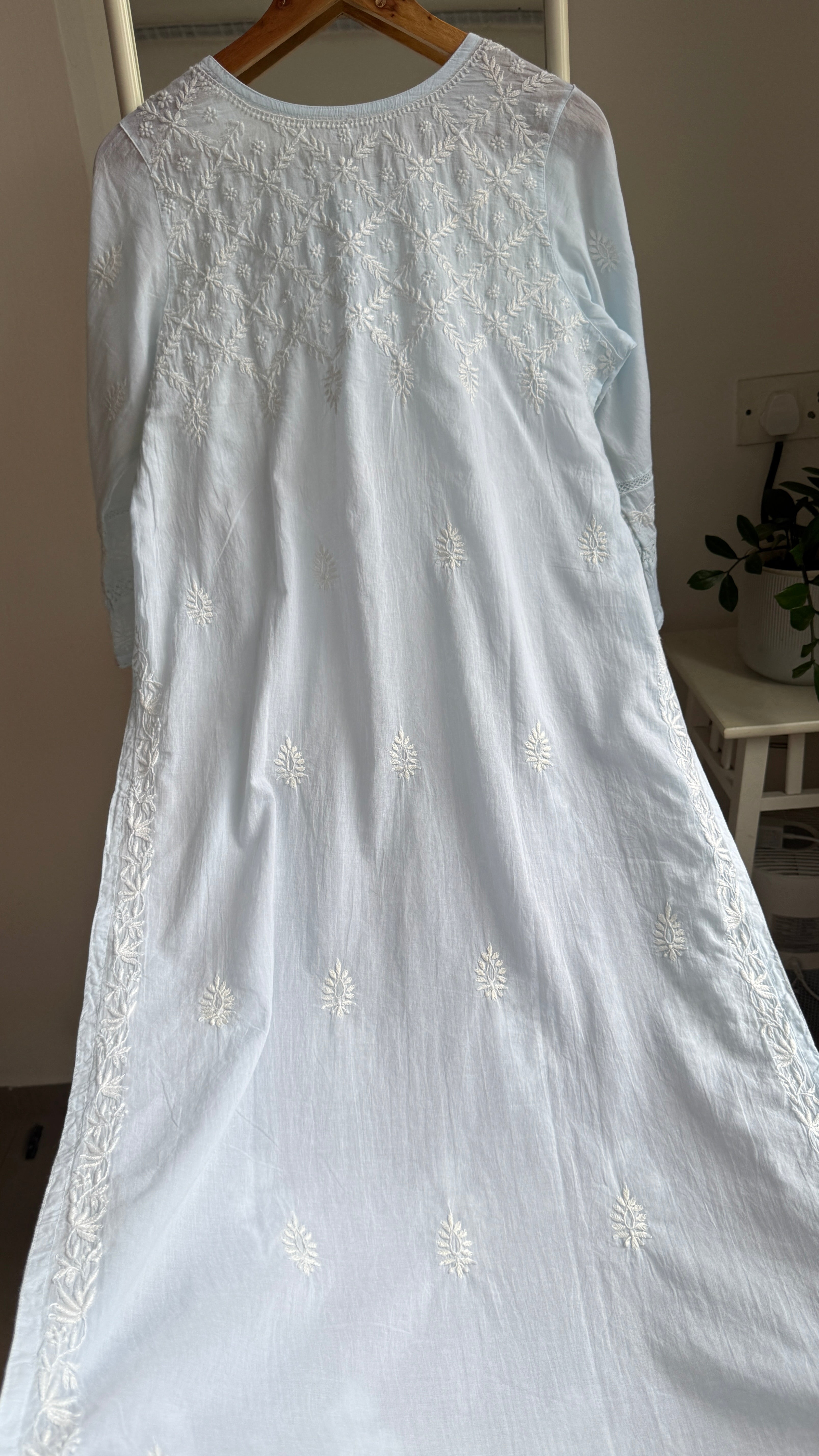 Mul Cotton Baby Blue Chikankari Kurti - Bela Collection