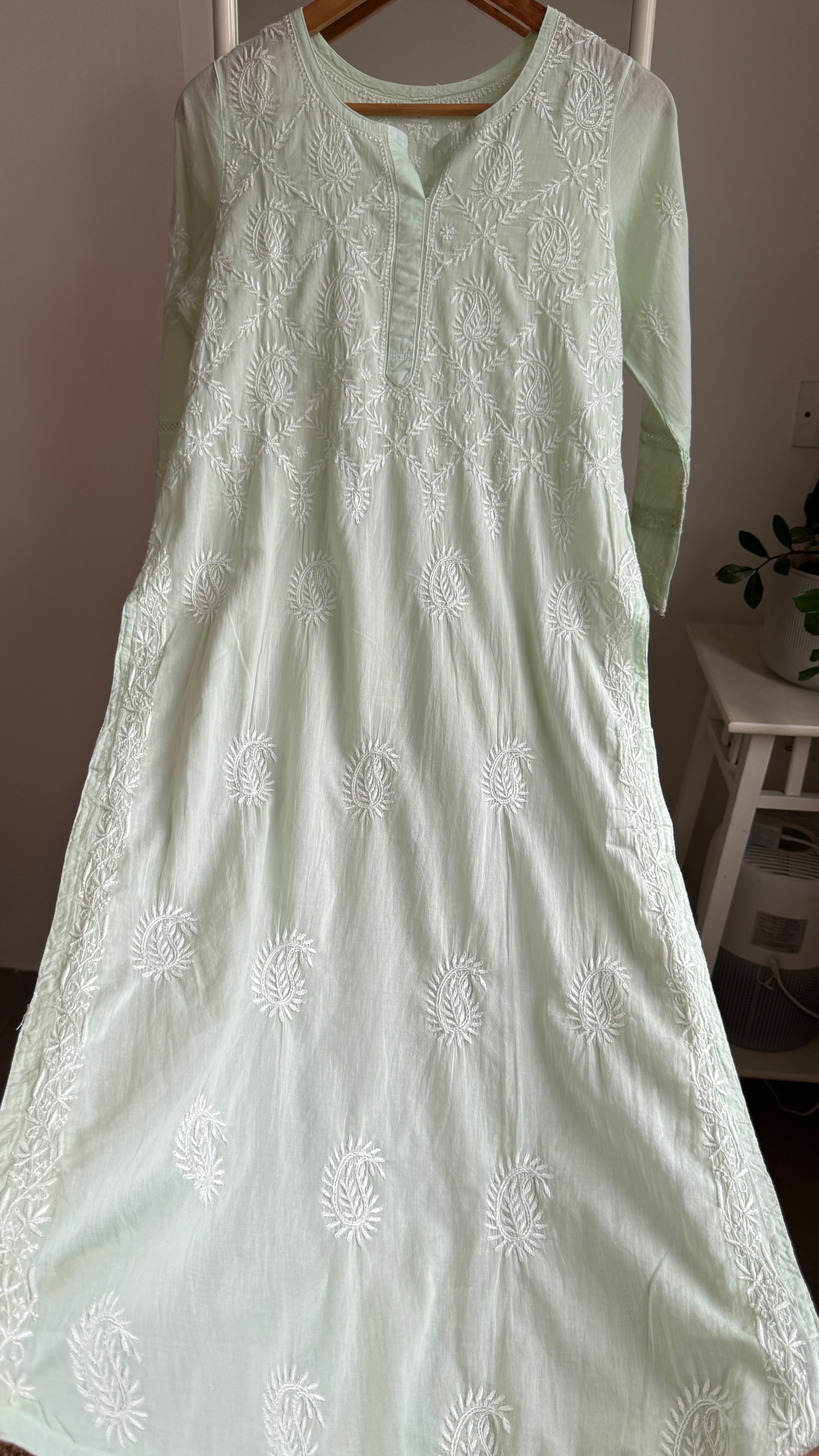Mul Cotton Green Chikankari Kurti - Bela Collection
