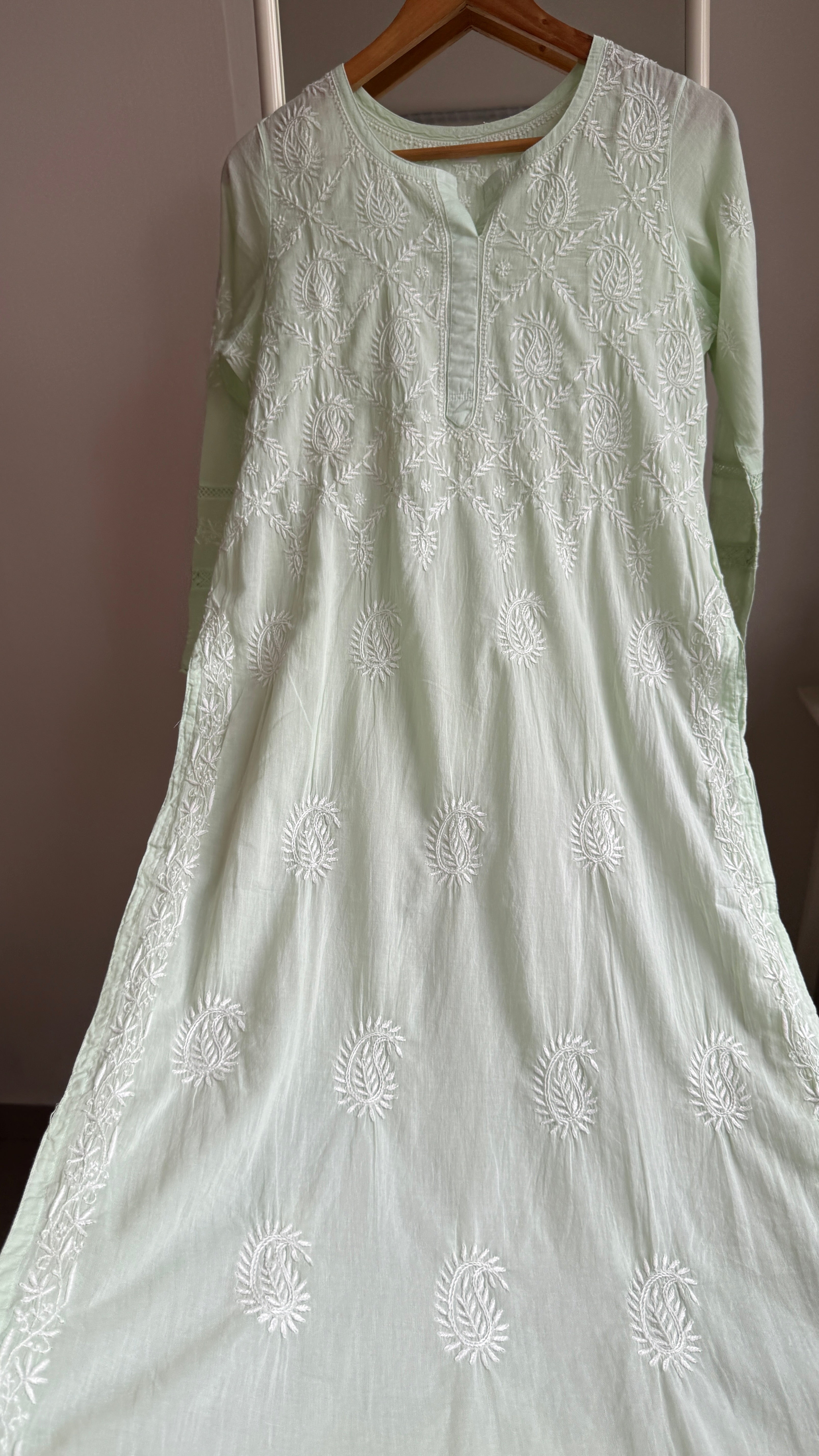 Mul Cotton Green Chikankari Kurti - Bela Collection
