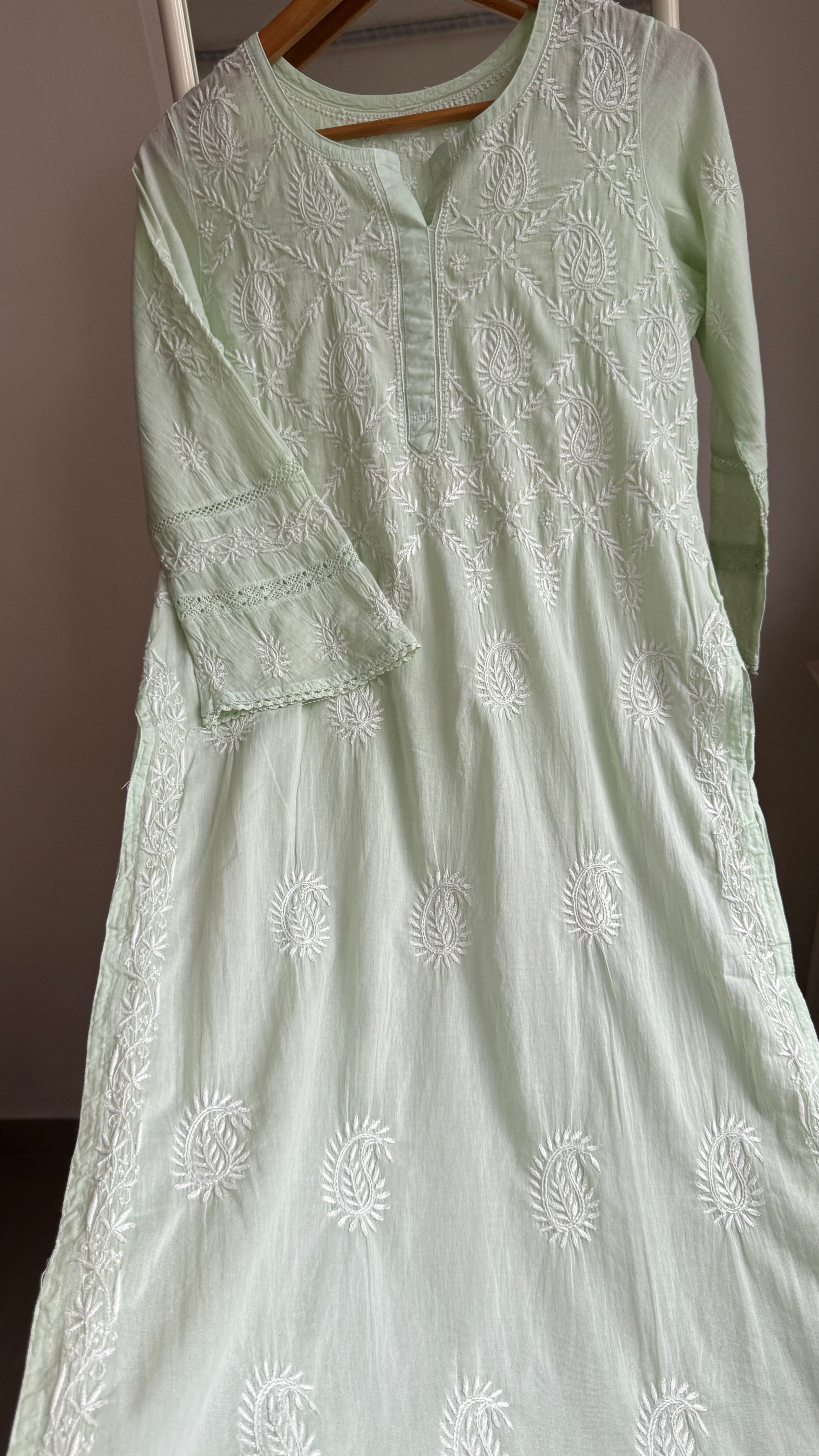 Mul Cotton Green Chikankari Kurti - Bela Collection