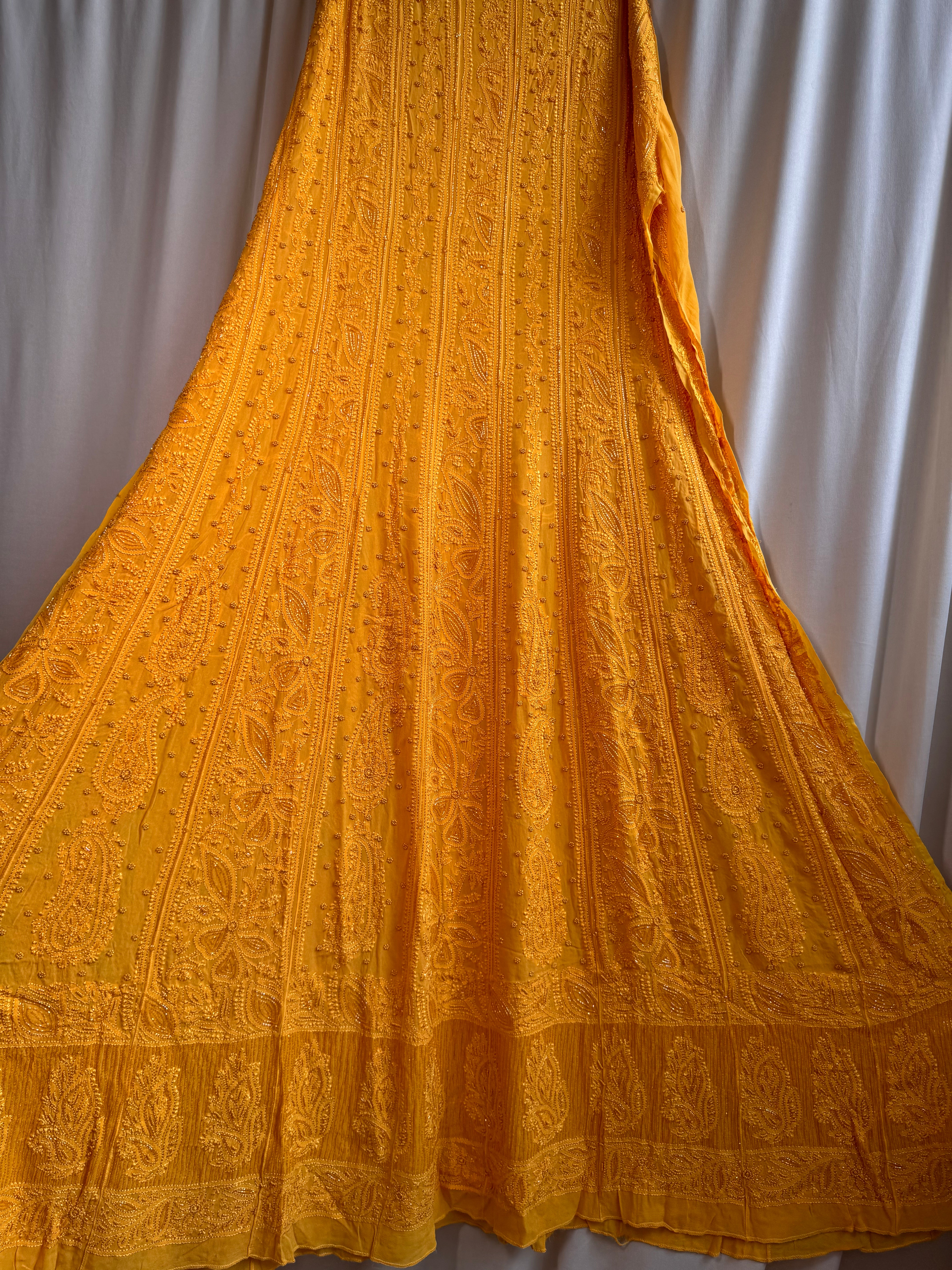 Viscose Anarkali - Semi Stitched - Pearl Work - Yellow ARIAA CHIKANKARI