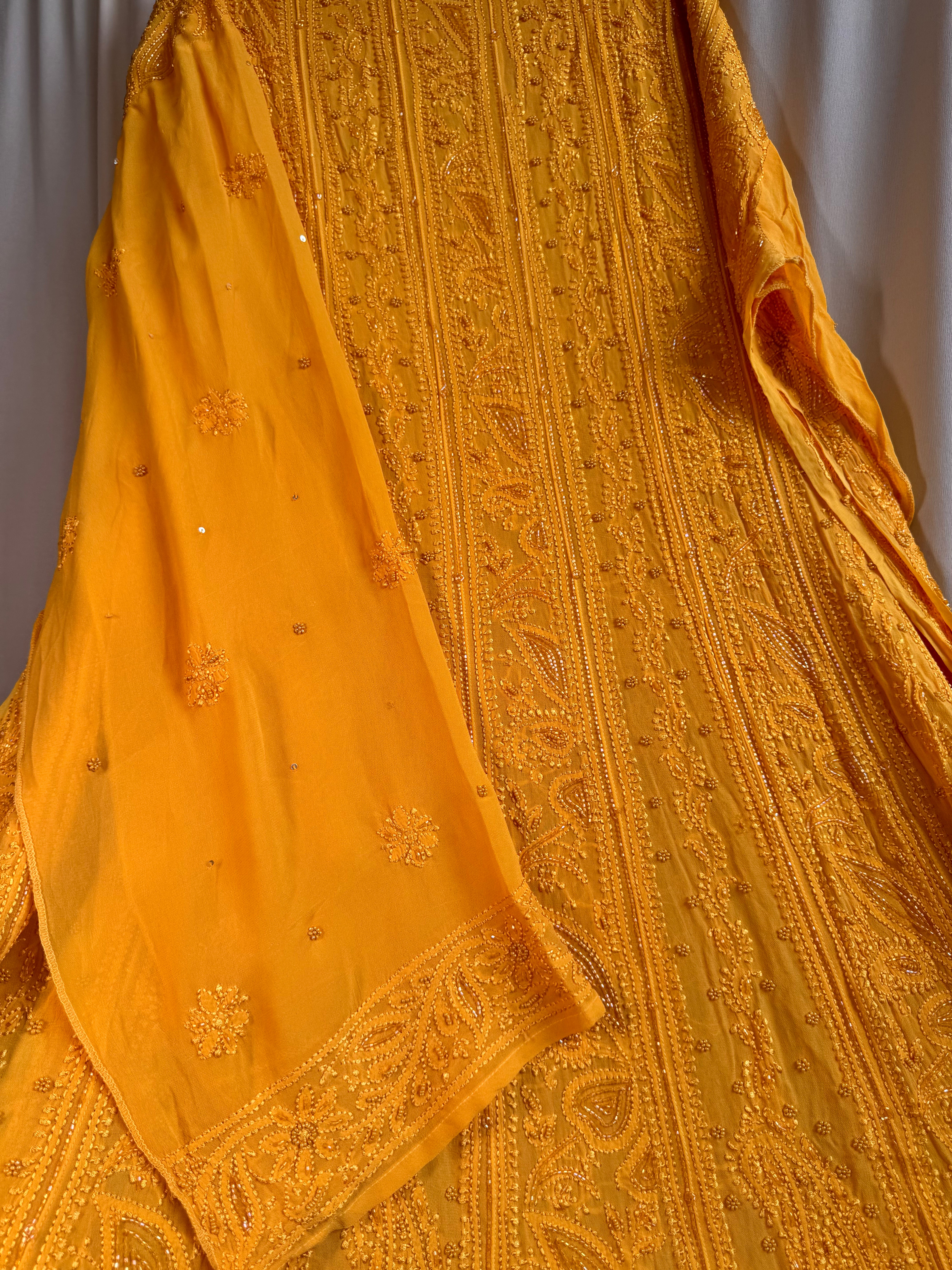 Viscose Anarkali - Semi Stitched - Pearl Work - Yellow ARIAA CHIKANKARI