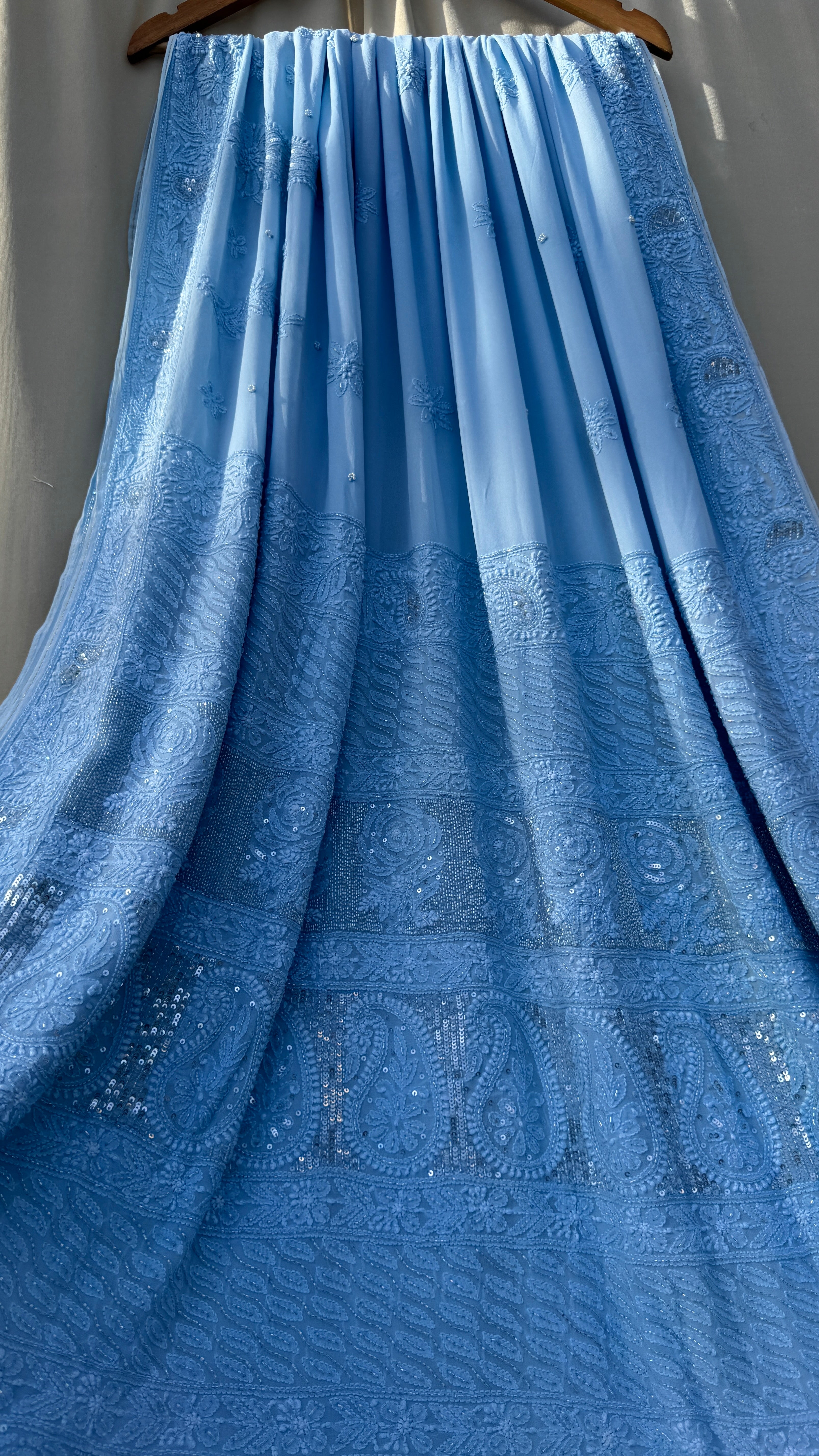Viscose Blue Chikankari saree with Pearl embellishments