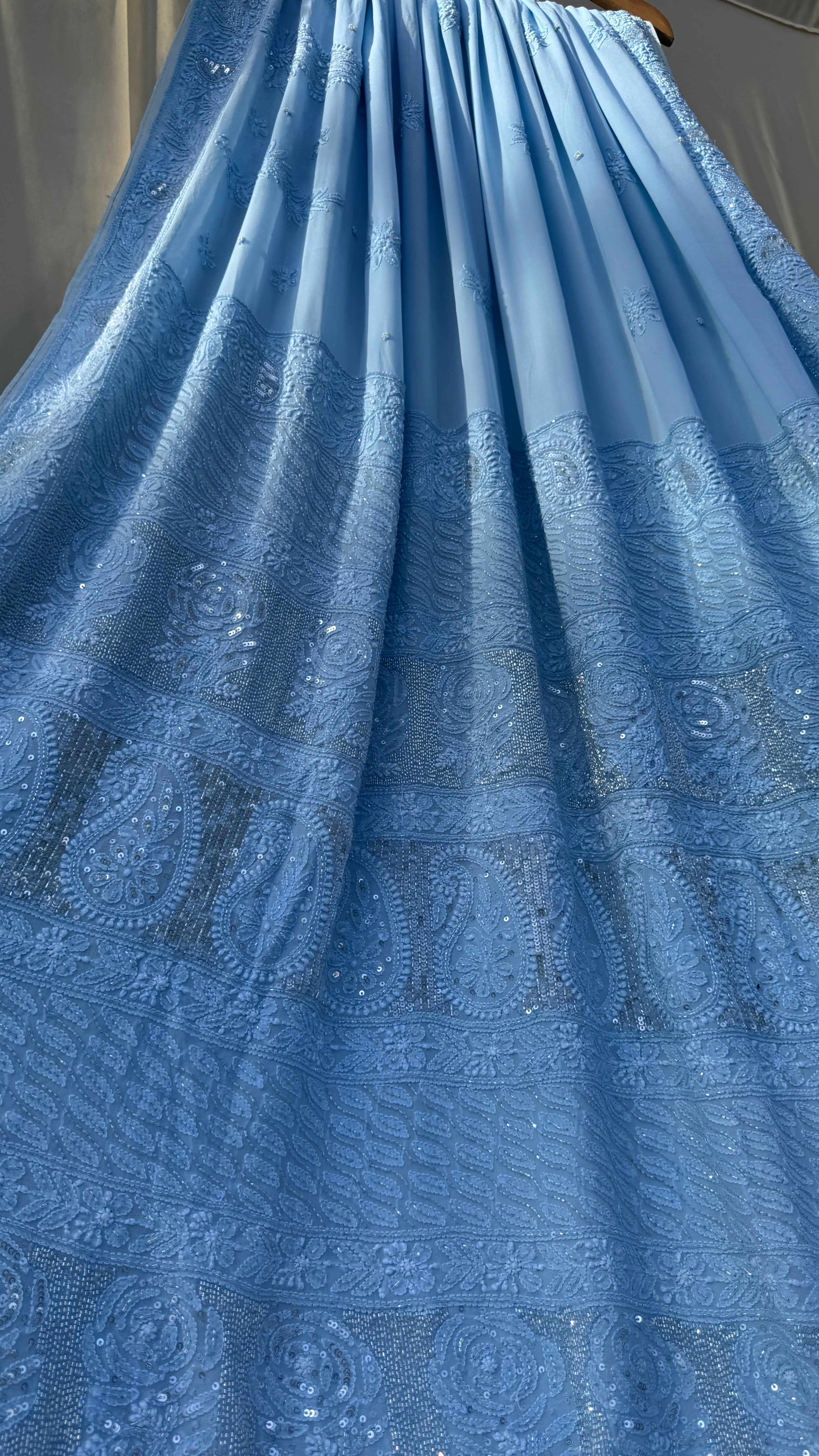 Viscose Blue Chikankari saree with Pearl embellishments