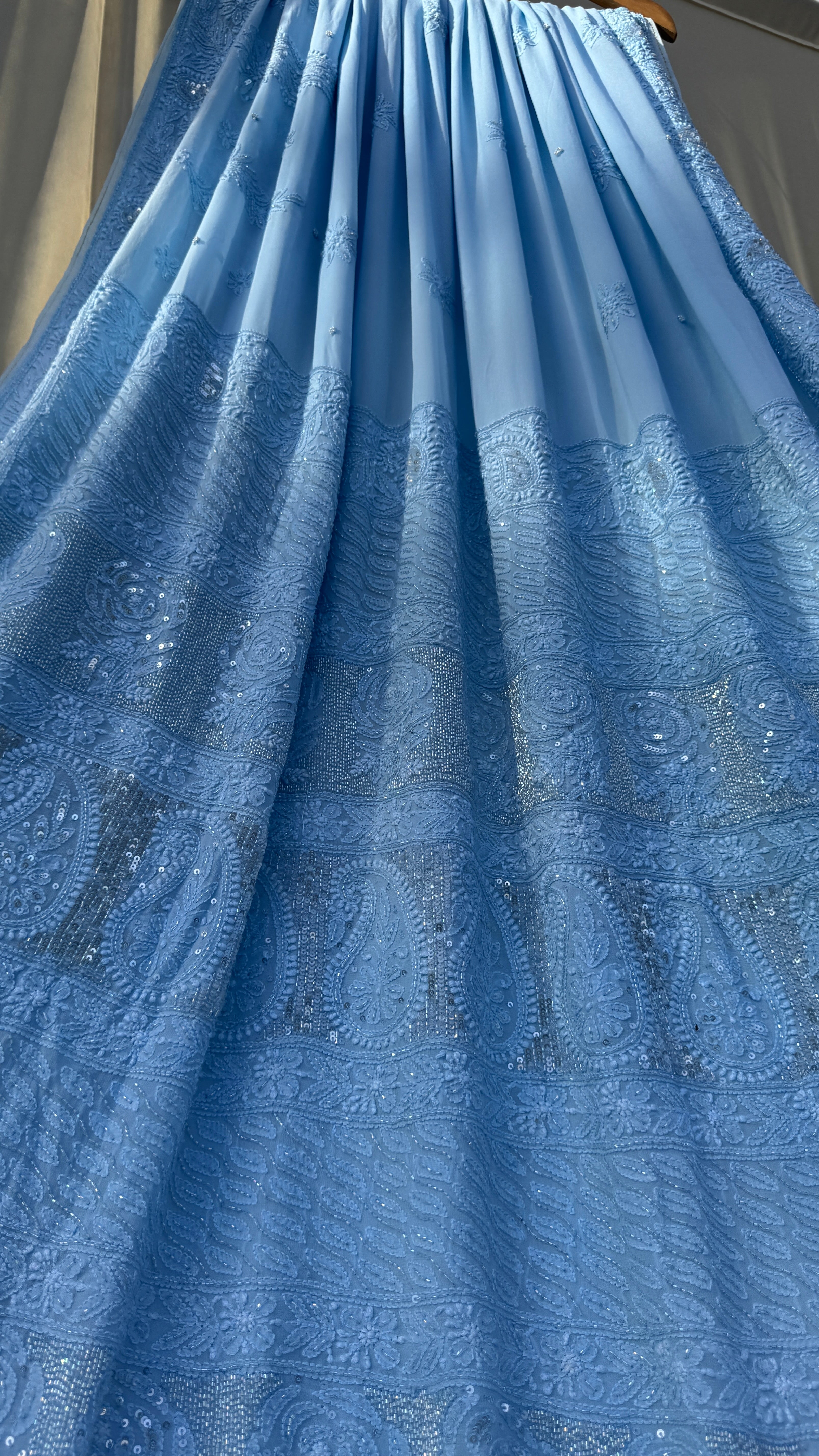 Viscose Blue Chikankari saree with Pearl embellishments