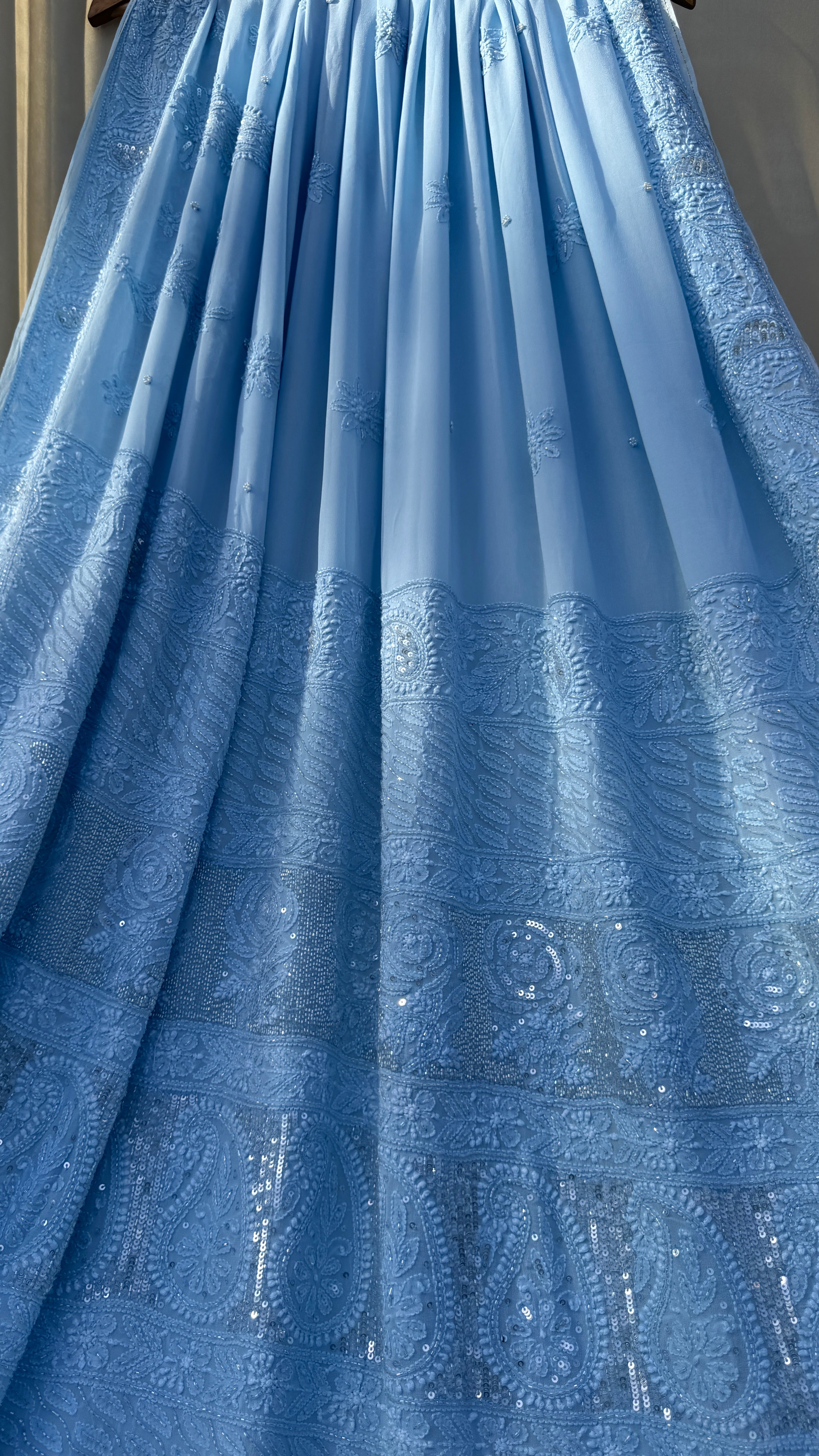 Viscose Blue Chikankari saree with Pearl embellishments