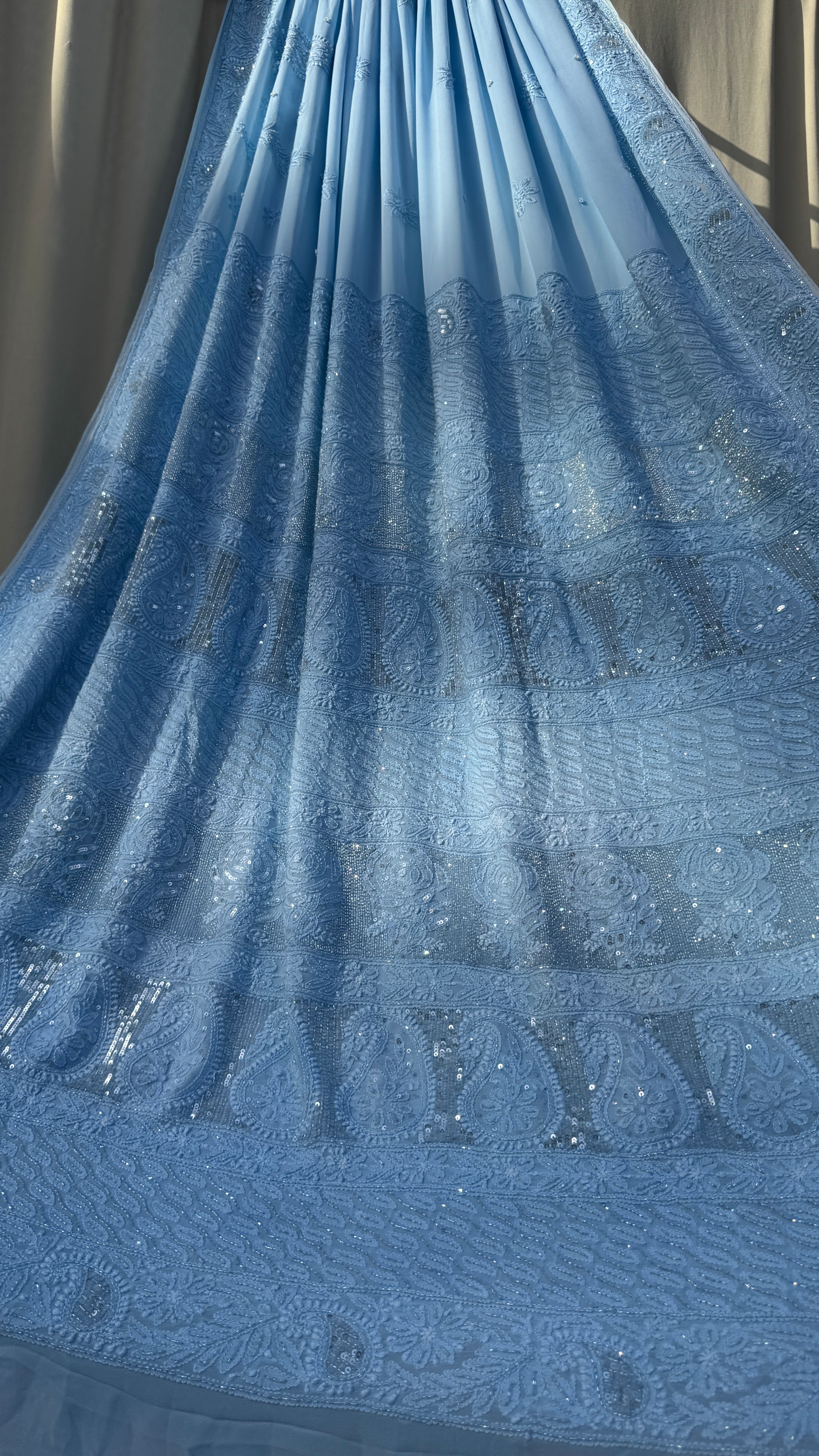 Viscose Blue Chikankari saree with Pearl embellishments