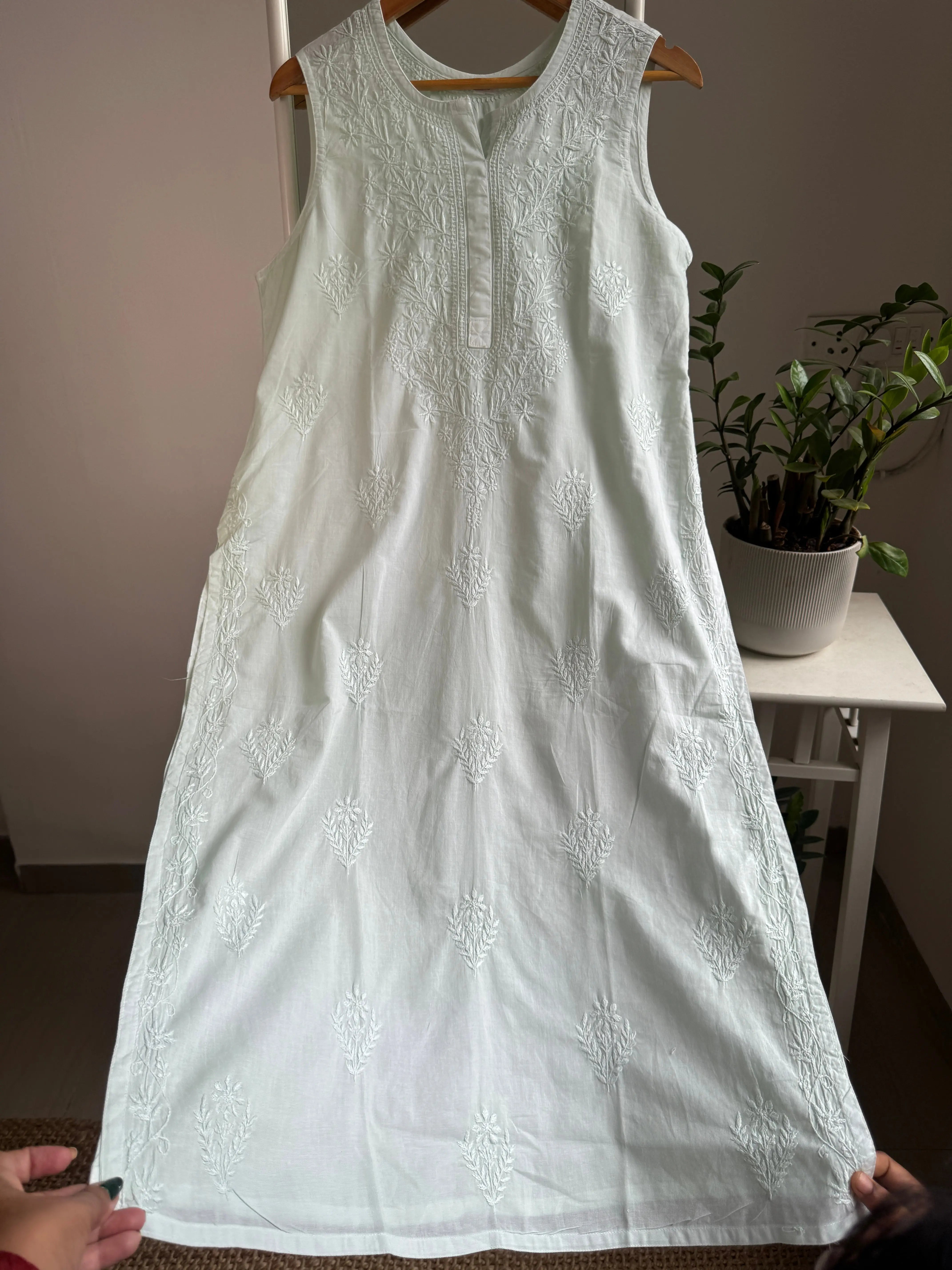 Mul Cotton Sleevless Chikankari Kurti - Cyan Green ARIAA CHIKANKARI
