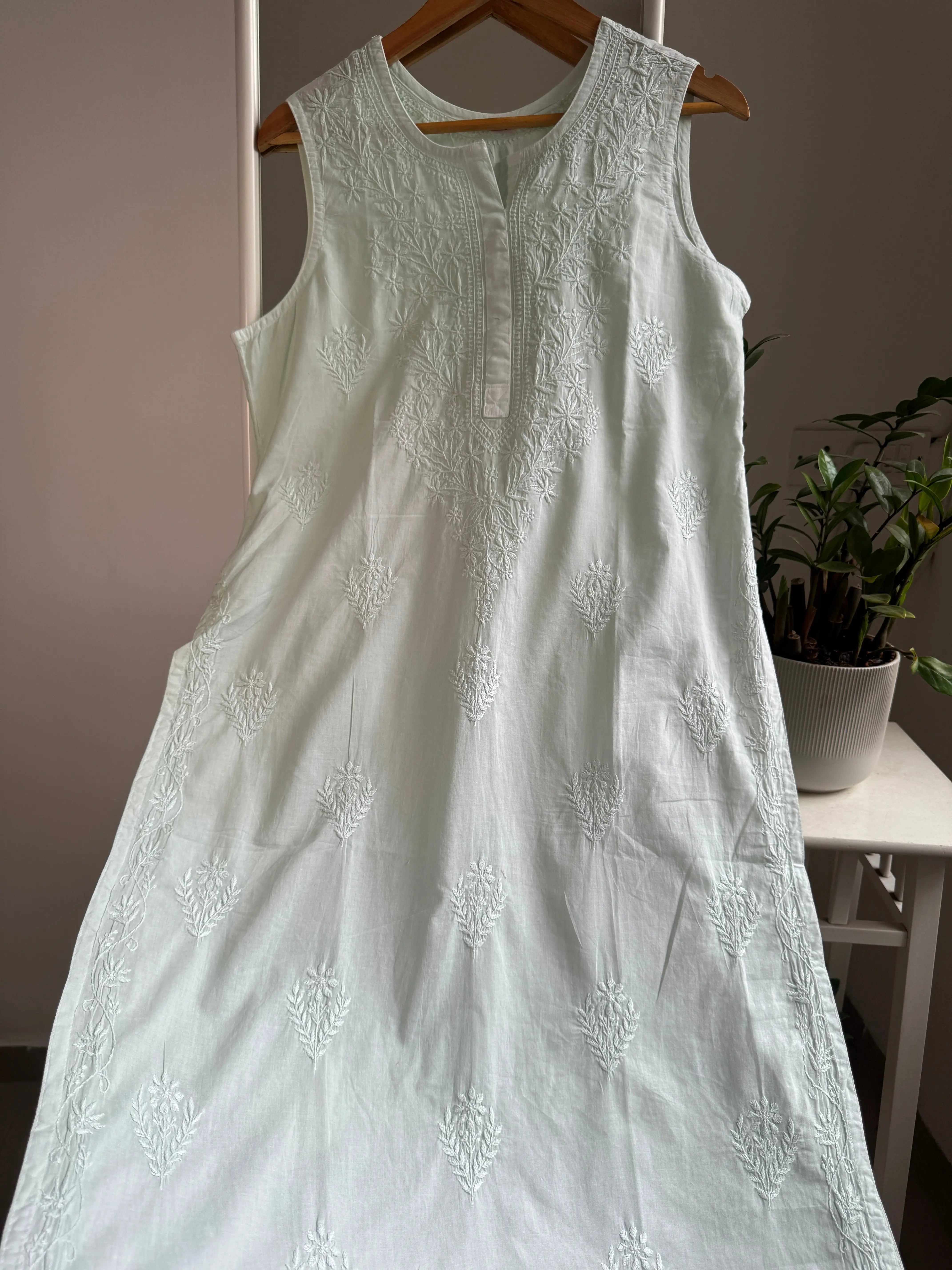 Mul Cotton Sleevless Chikankari Kurti - Cyan Green ARIAA CHIKANKARI