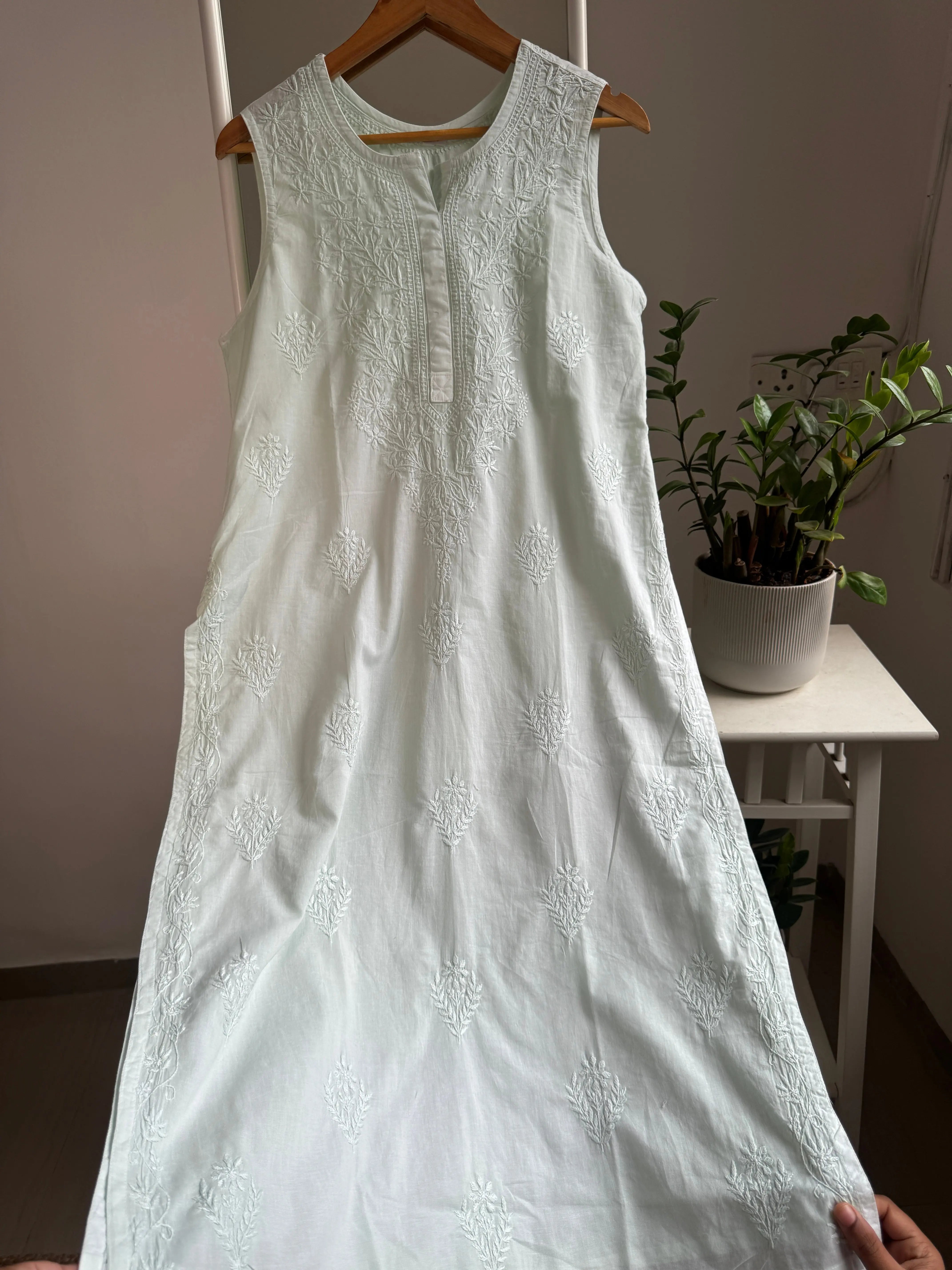 Mul Cotton Sleevless Chikankari Kurti - Cyan Green ARIAA CHIKANKARI