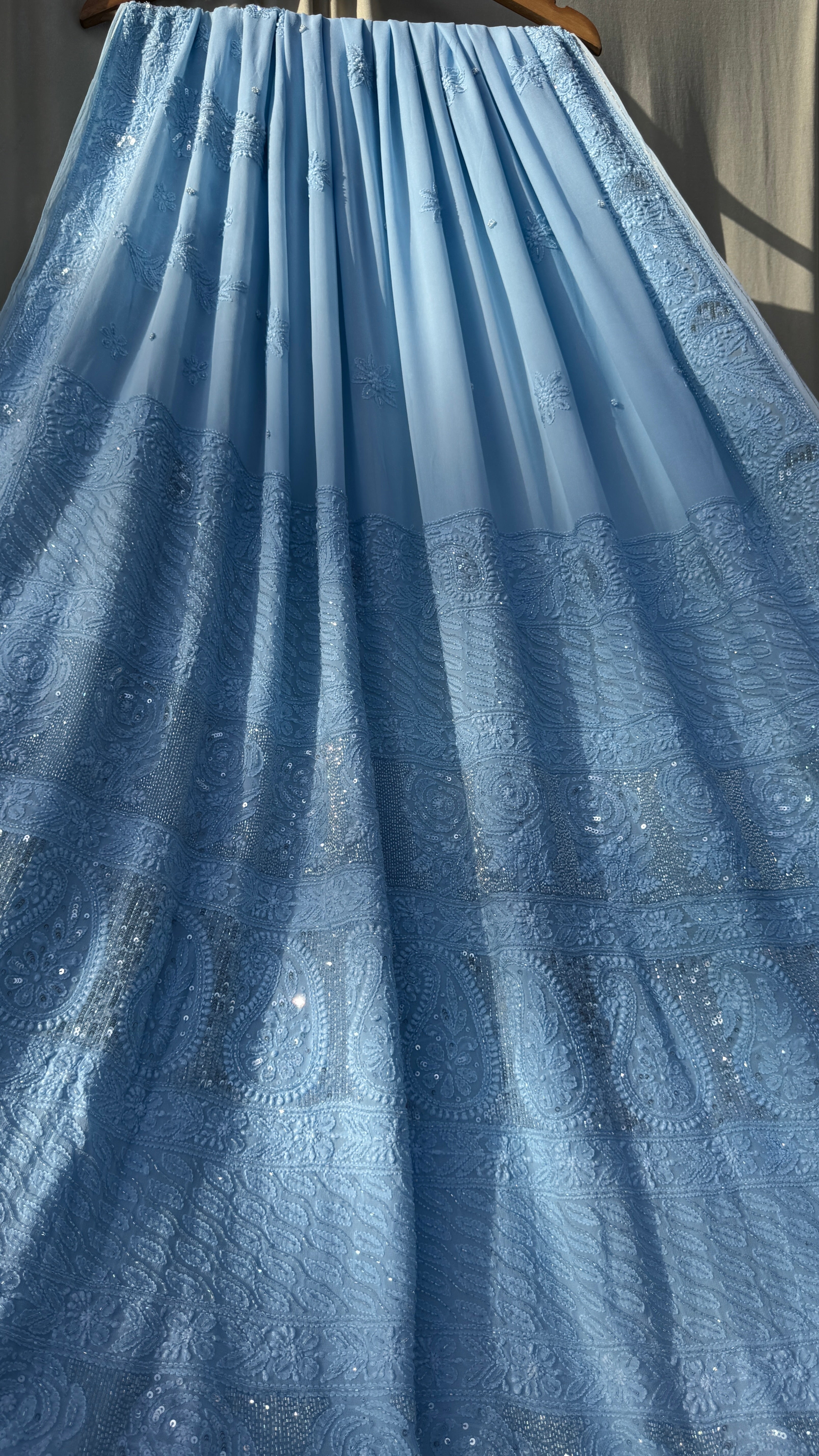 Viscose Blue Chikankari saree with Pearl embellishments