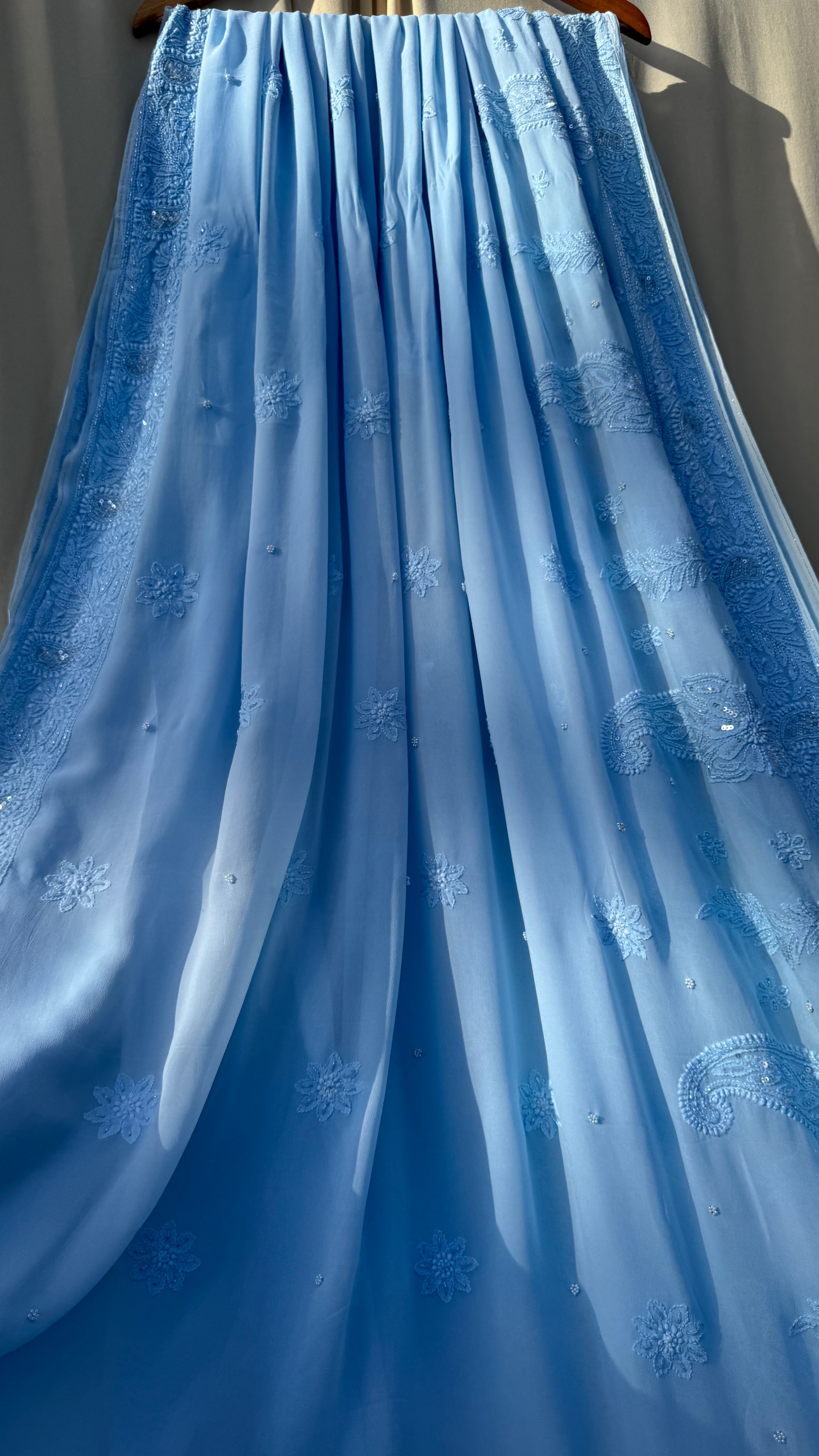 Viscose Blue Chikankari saree with Pearl embellishments