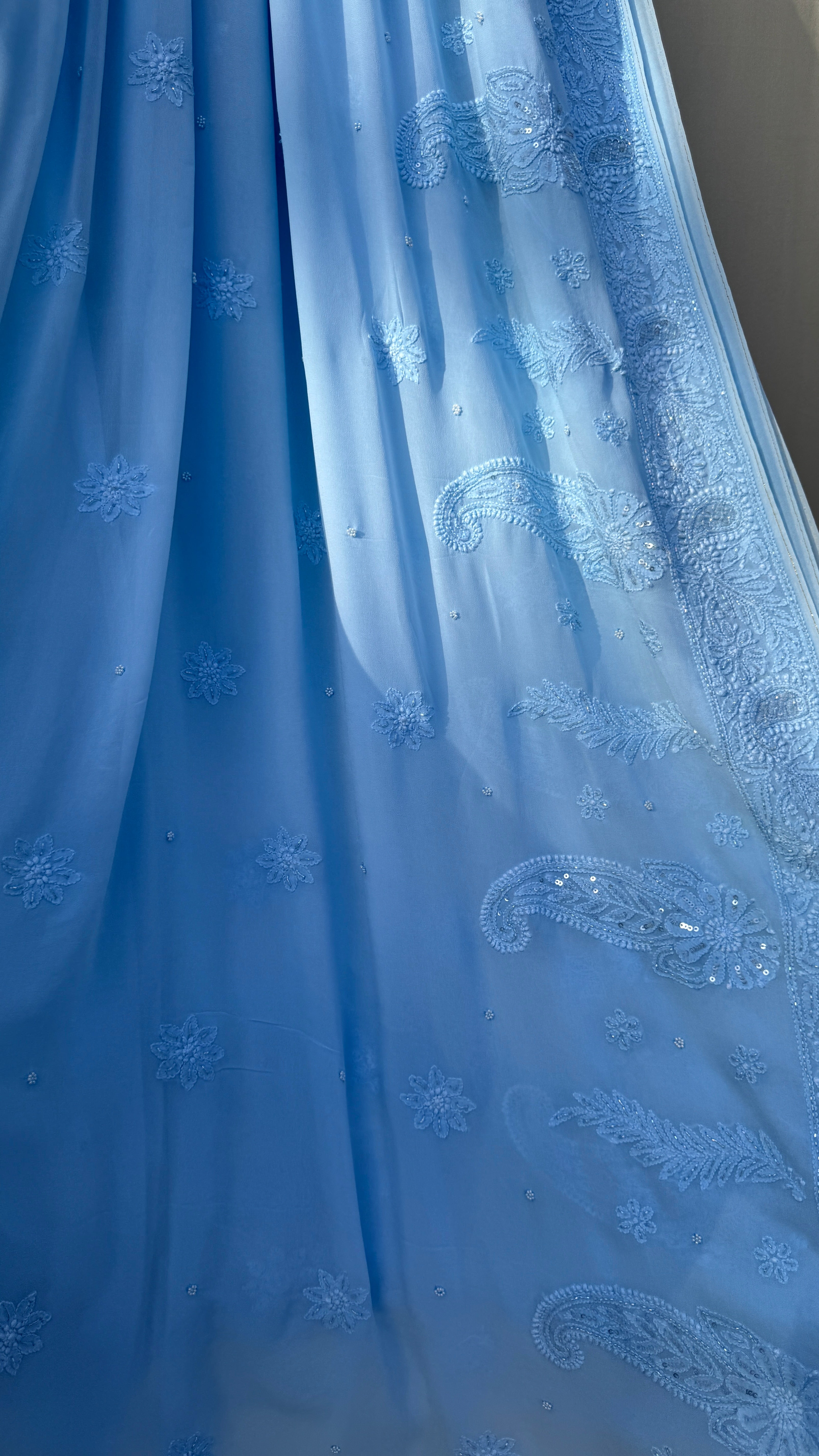 Viscose Blue Chikankari saree with Pearl embellishments