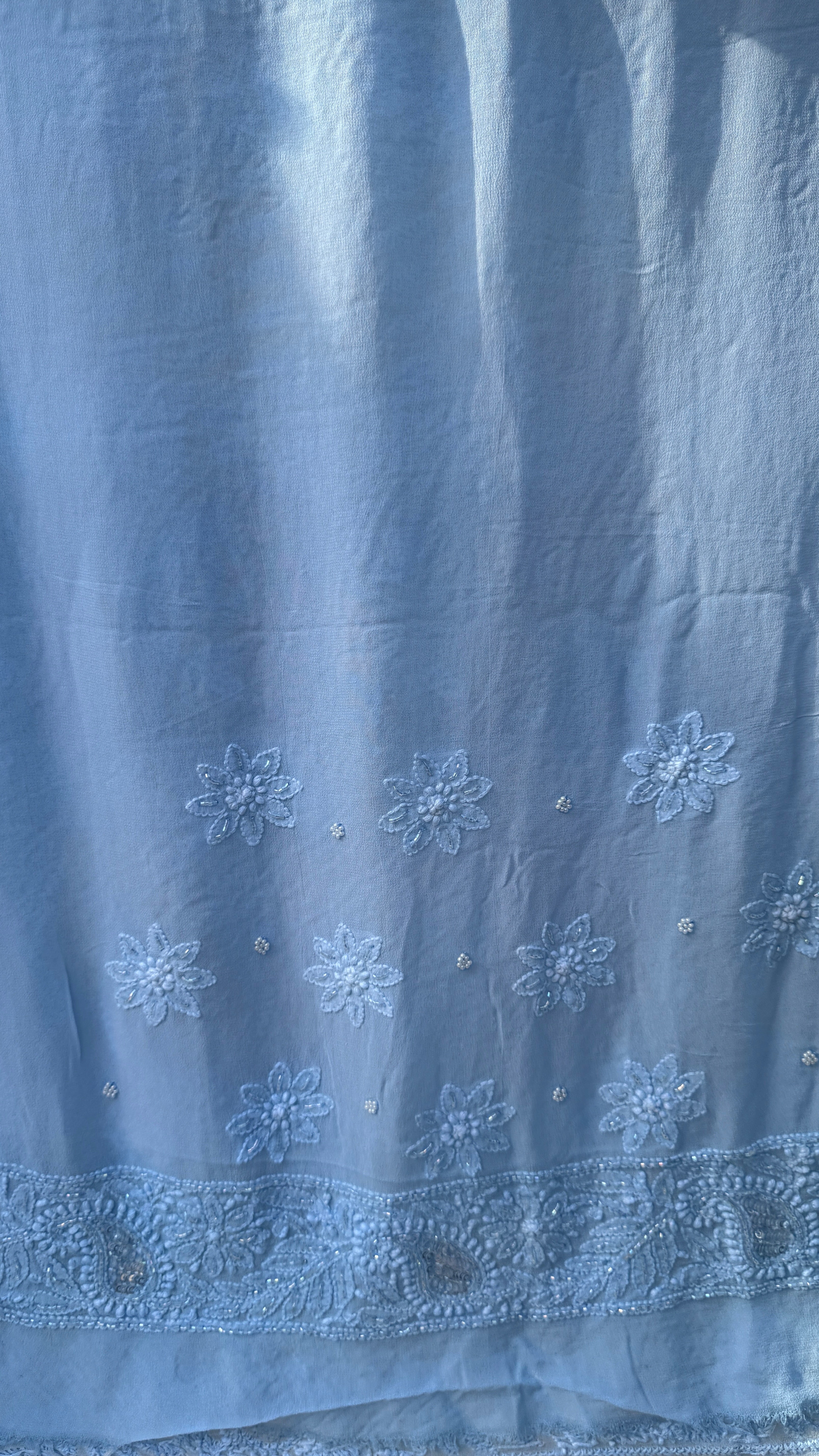 Viscose Blue Chikankari saree with Pearl embellishments