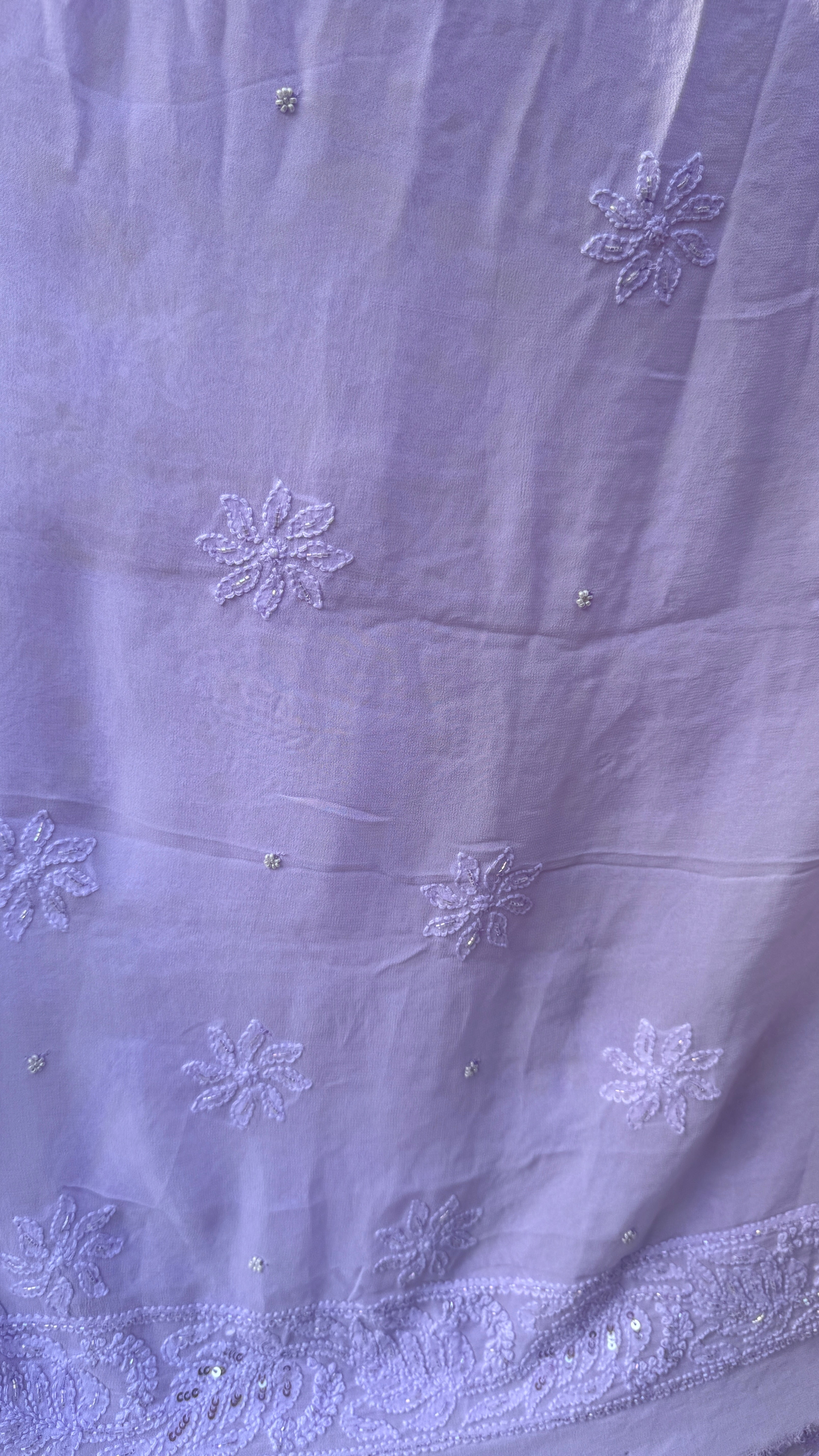 Viscose Lavender Chikankari saree with Pearl embellishments