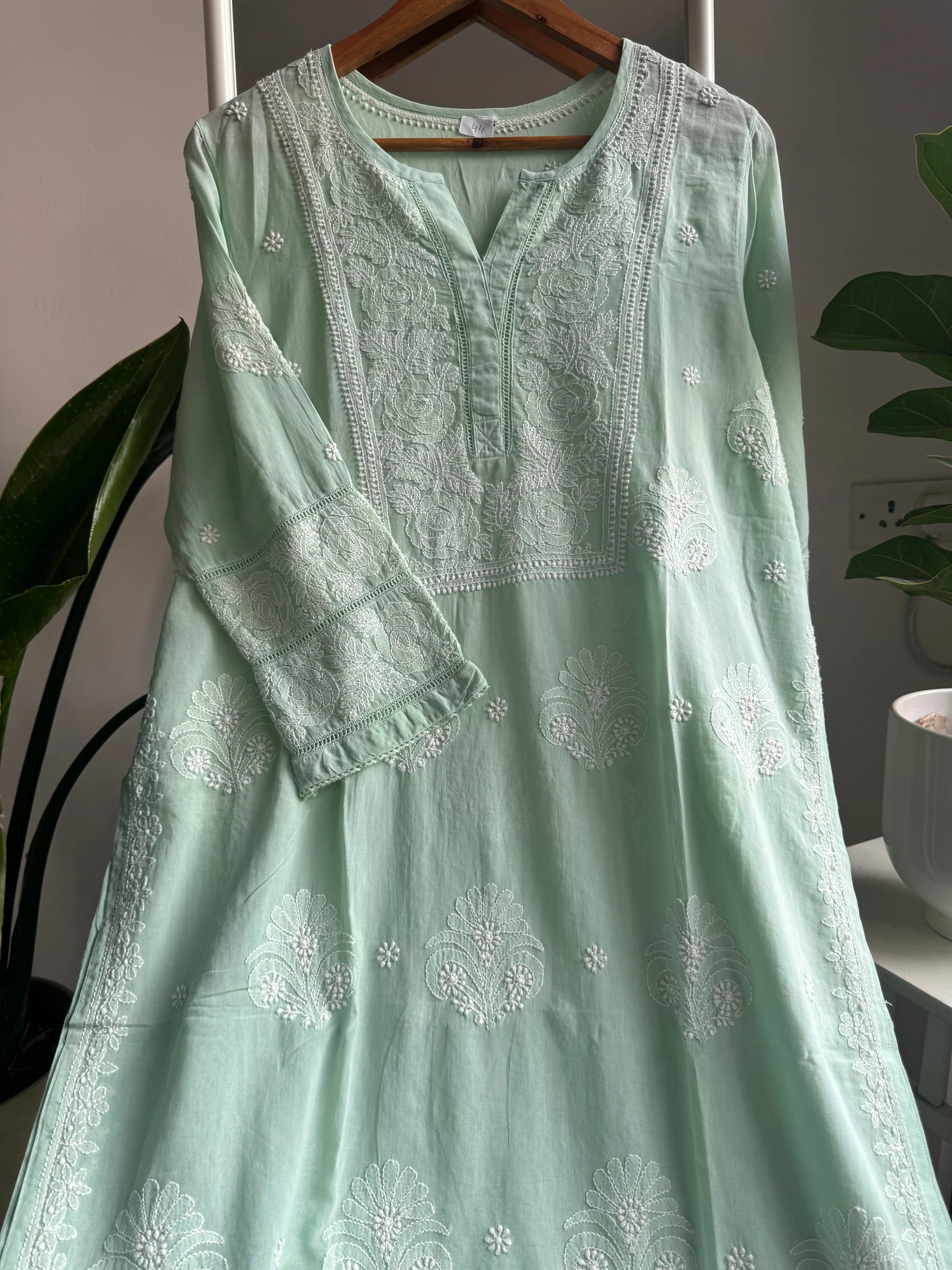 Mul Cotton Chikankari Kurti - Green ARIAA CHIKANKARI