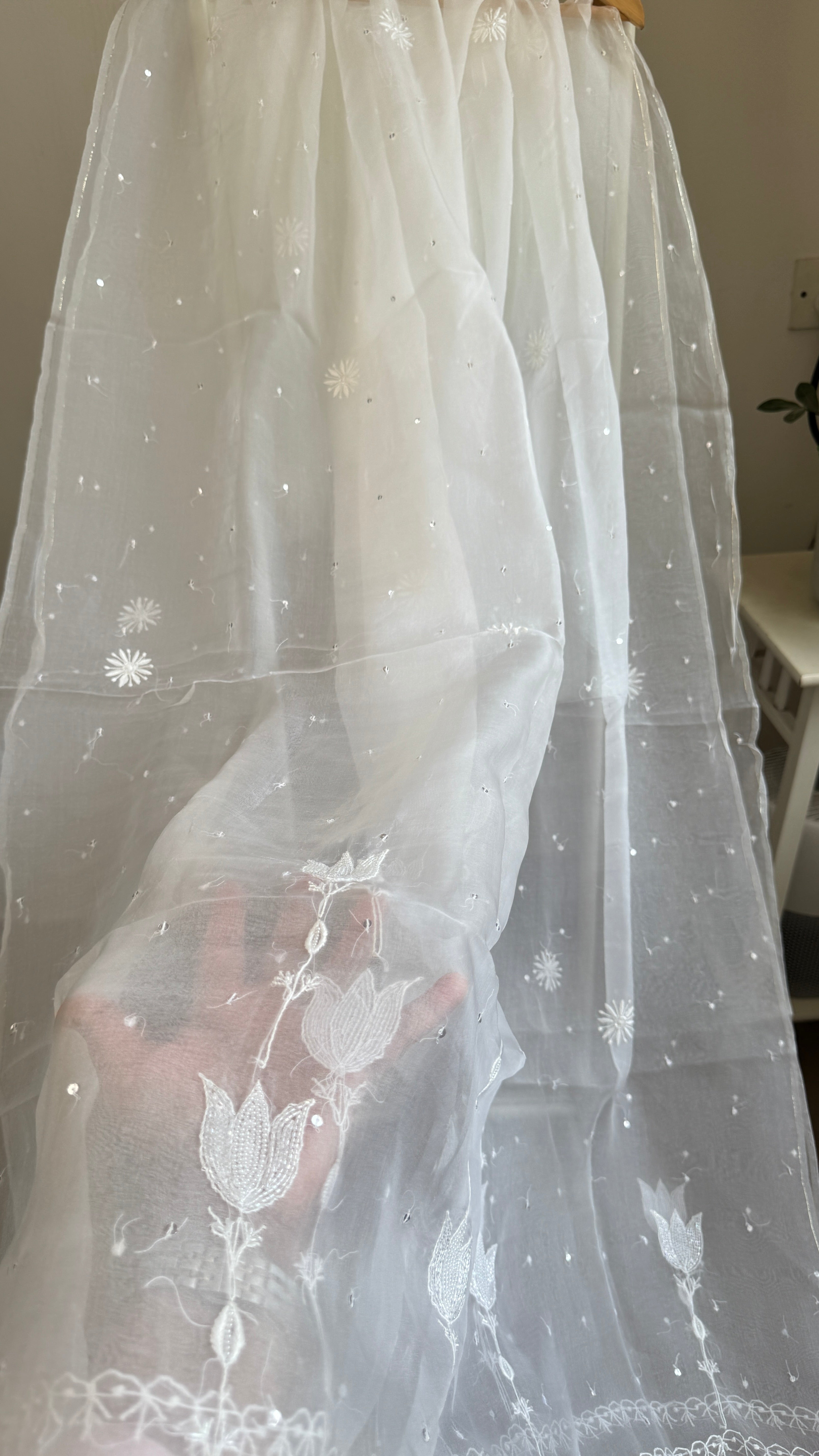 Organza Chikankari Length with Dupatta (Pearl Work) - White