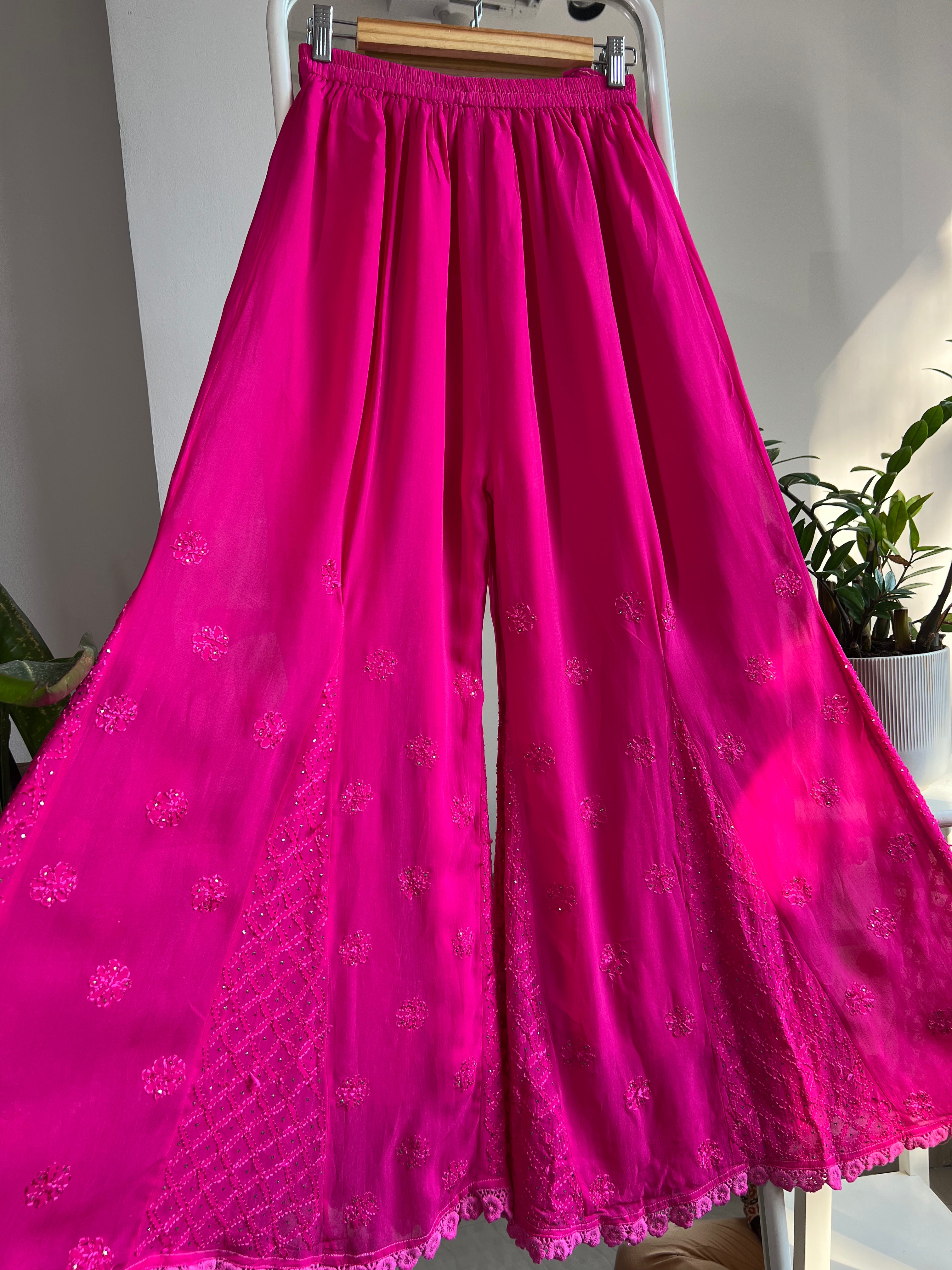 Chikankari Plazzo with mukaish - Flare - Hot Pink ARIAA CHIKANKARI