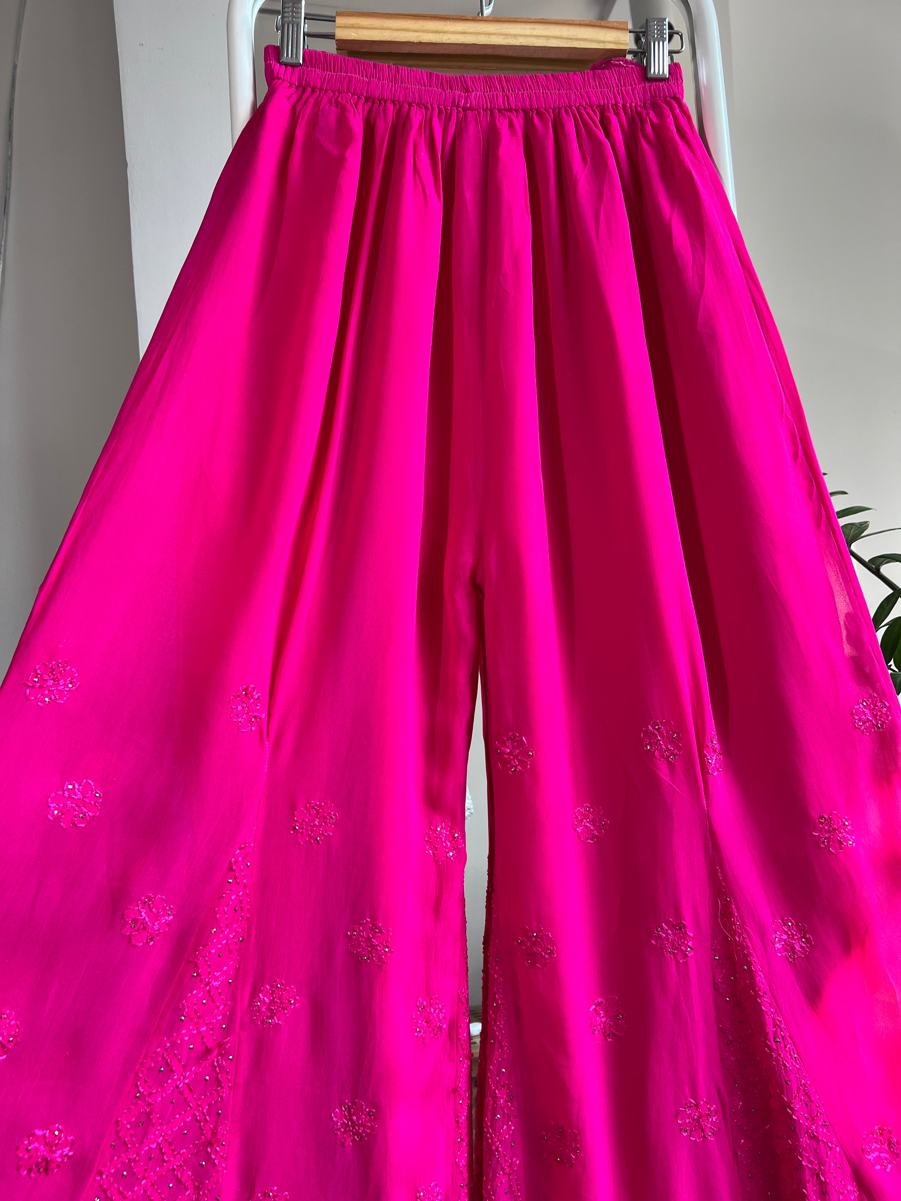 Chikankari Plazzo with mukaish - Flare - Hot Pink ARIAA CHIKANKARI