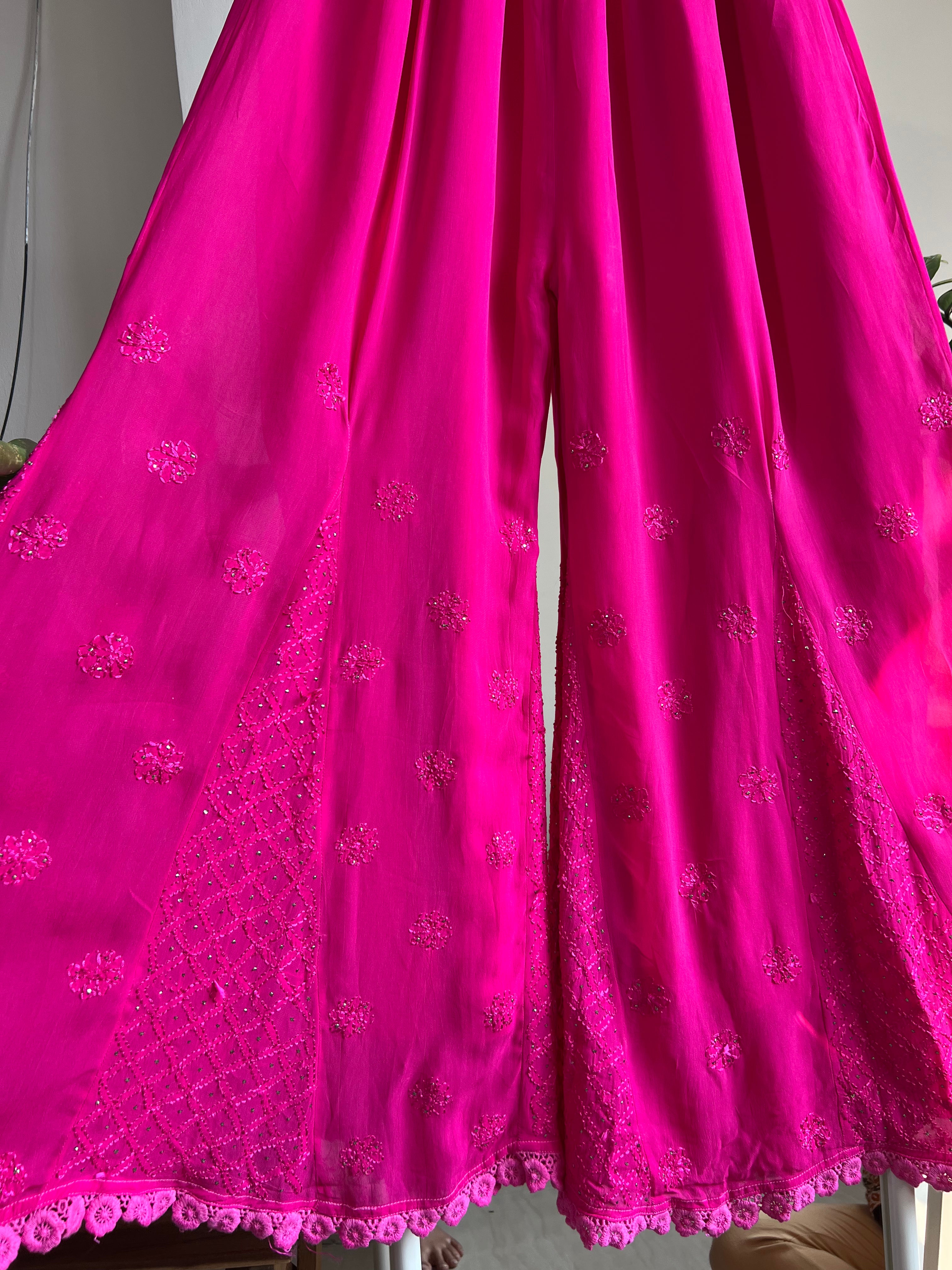 Chikankari Plazzo with mukaish - Flare - Hot Pink ARIAA CHIKANKARI