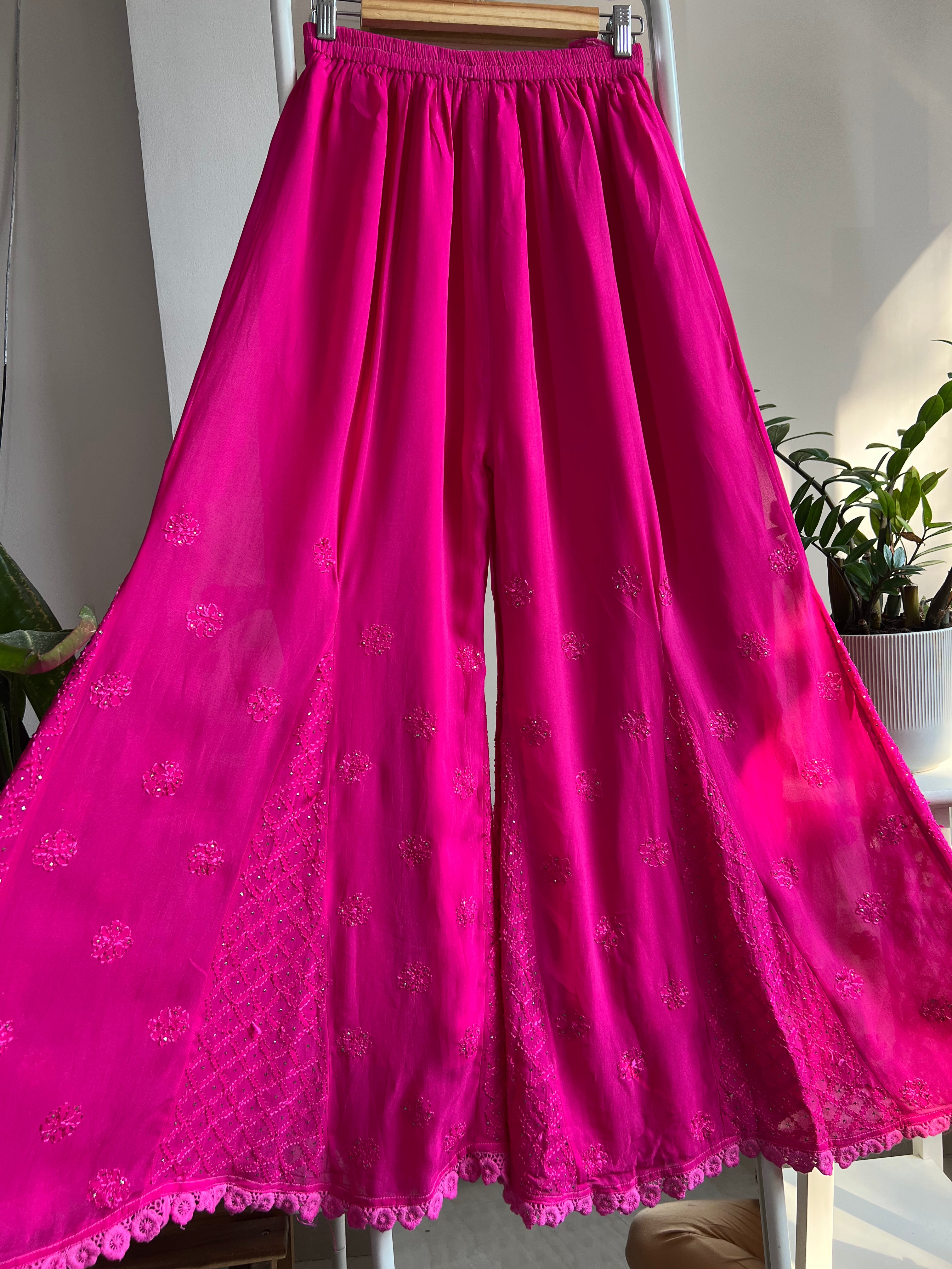 Chikankari Plazzo with mukaish - Flare - Hot Pink ARIAA CHIKANKARI