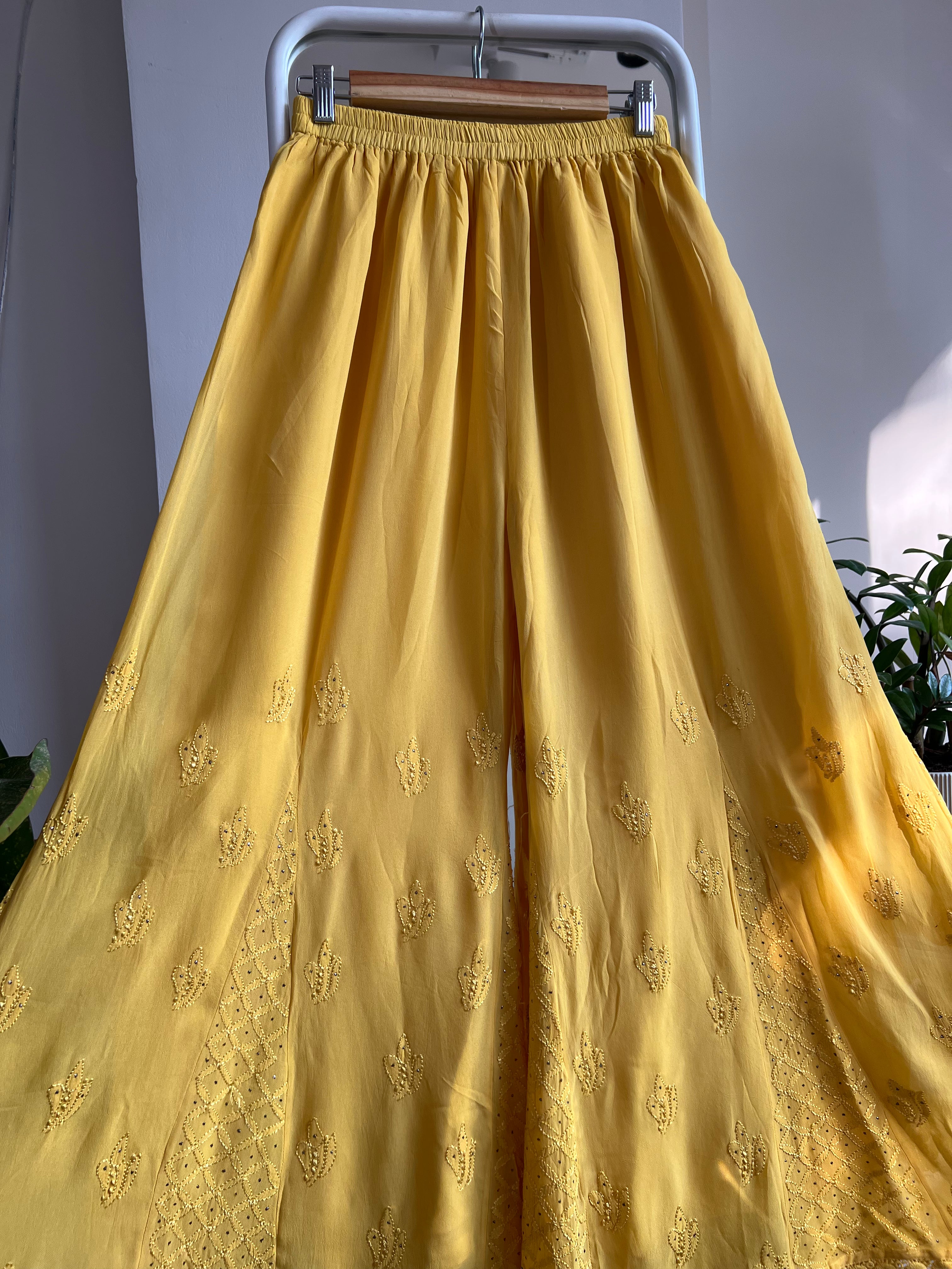 Chikankari Plazzo with mukaish - Flare - Canary Yellow ARIAA CHIKANKARI