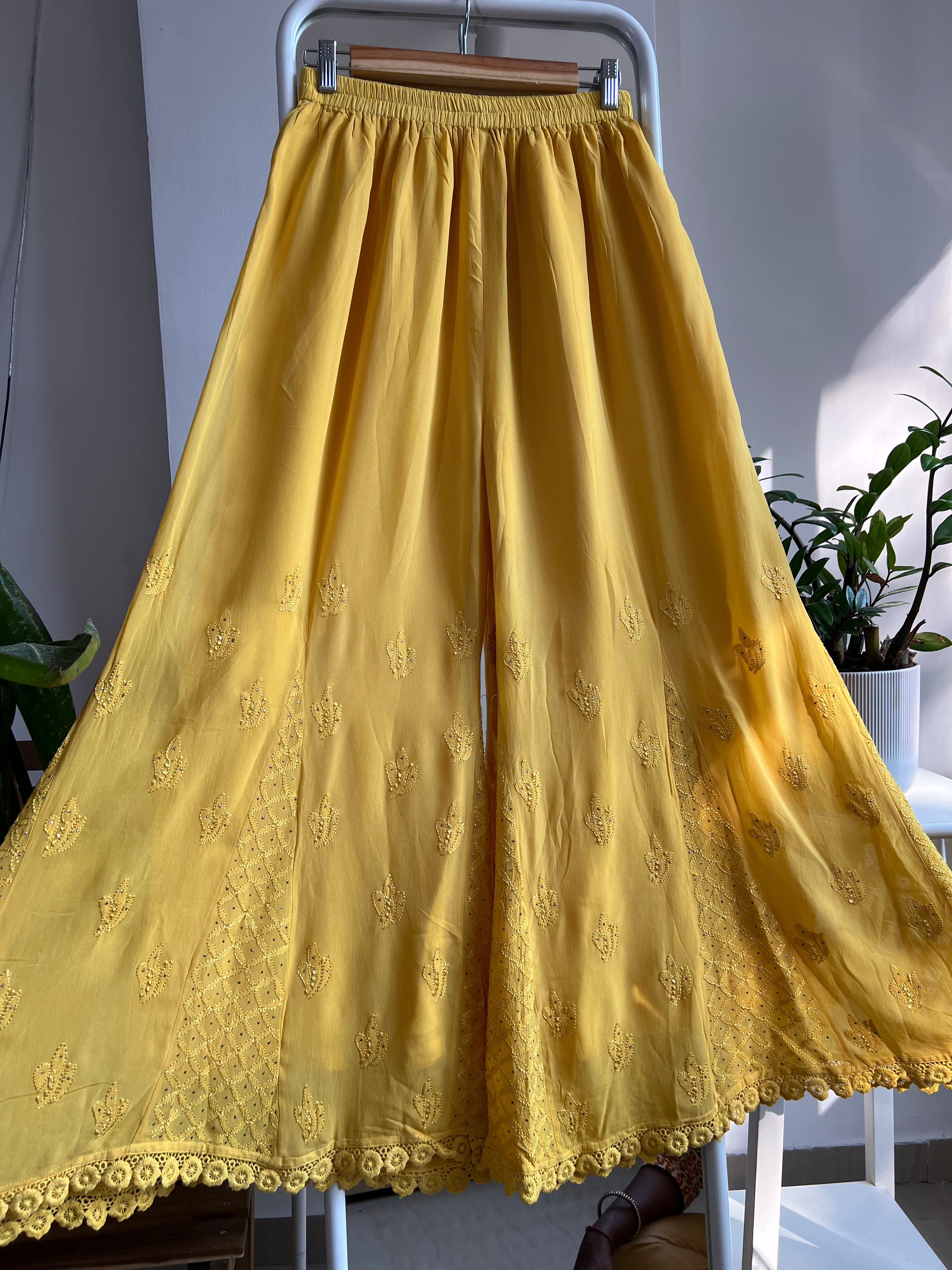 Chikankari Plazzo with mukaish - Flare - Canary Yellow ARIAA CHIKANKARI