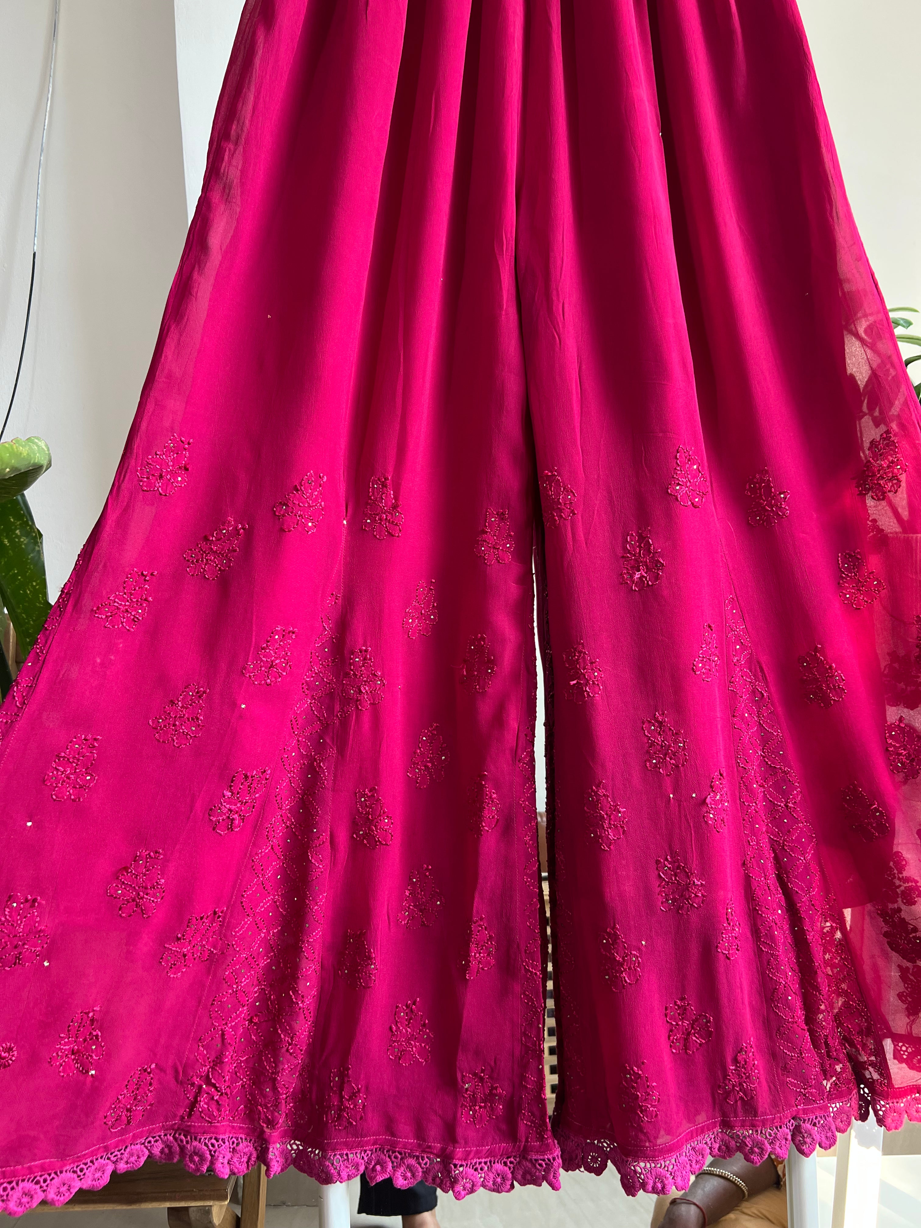 Chikankari Plazzo with mukaish - Flare - Berry Pink ARIAA CHIKANKARI