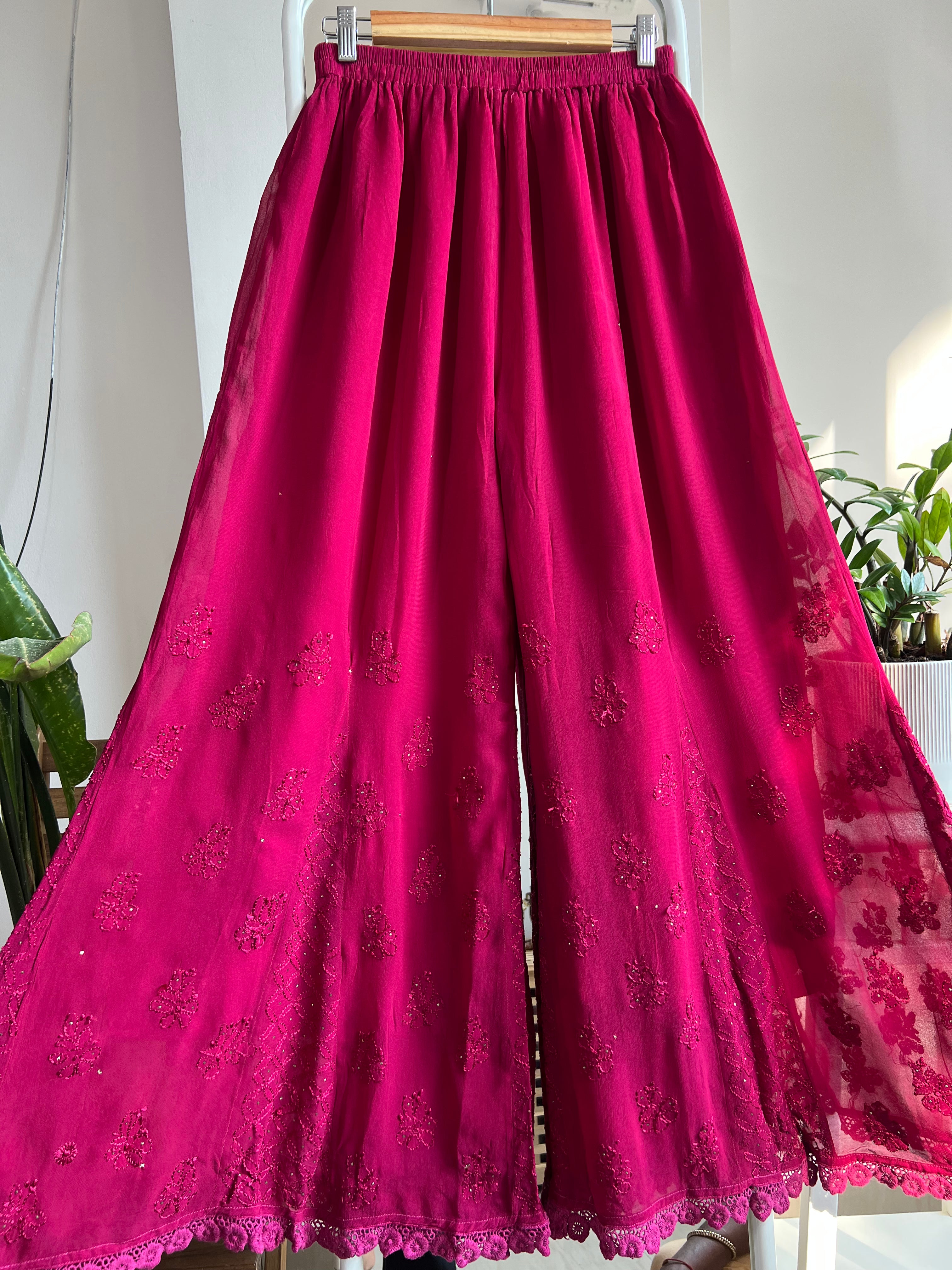 Chikankari Plazzo with mukaish - Flare - Berry Pink ARIAA CHIKANKARI