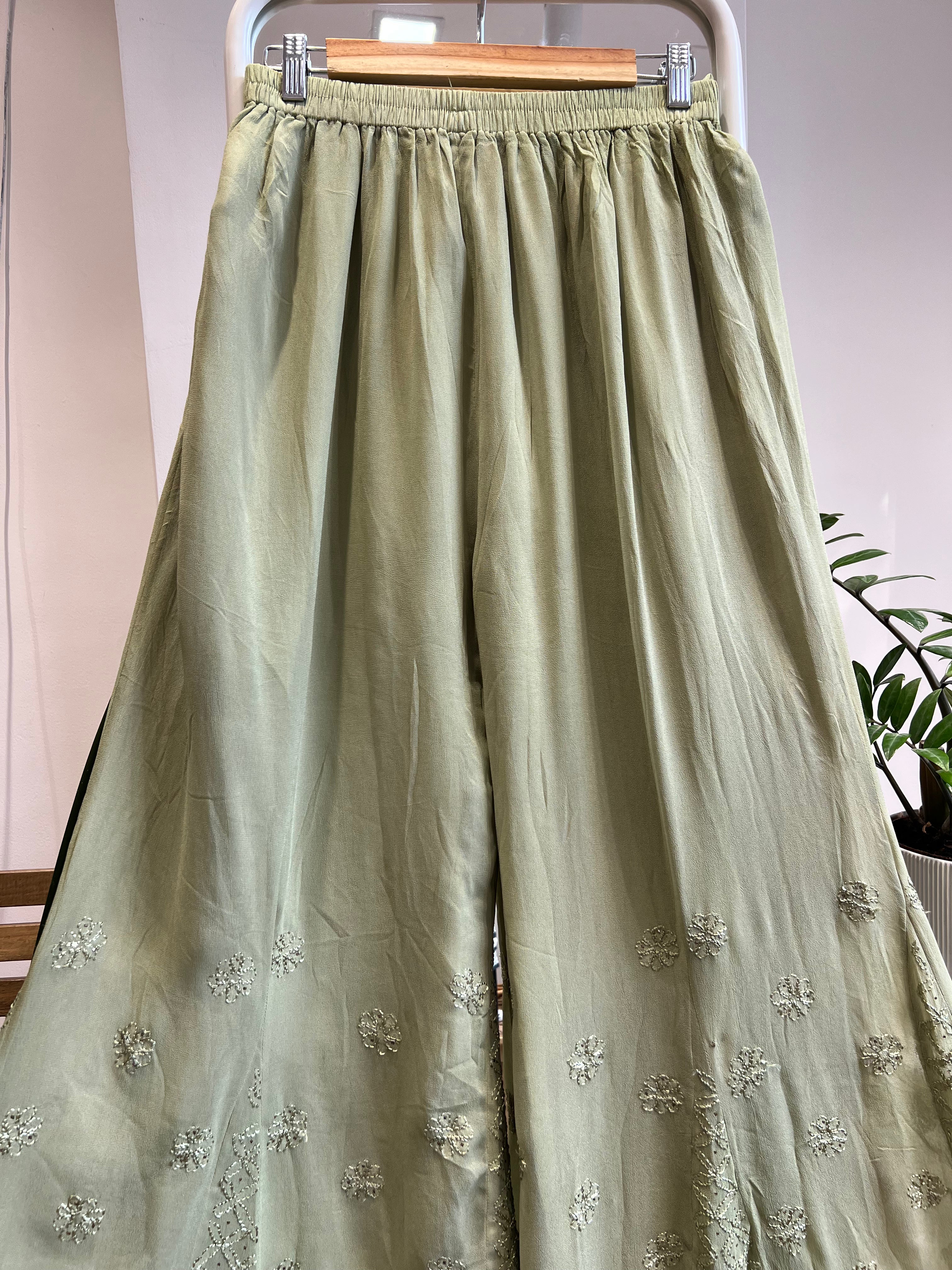Chikankari Plazzo with mukaish - Flare - Sheen Green ARIAA CHIKANKARI