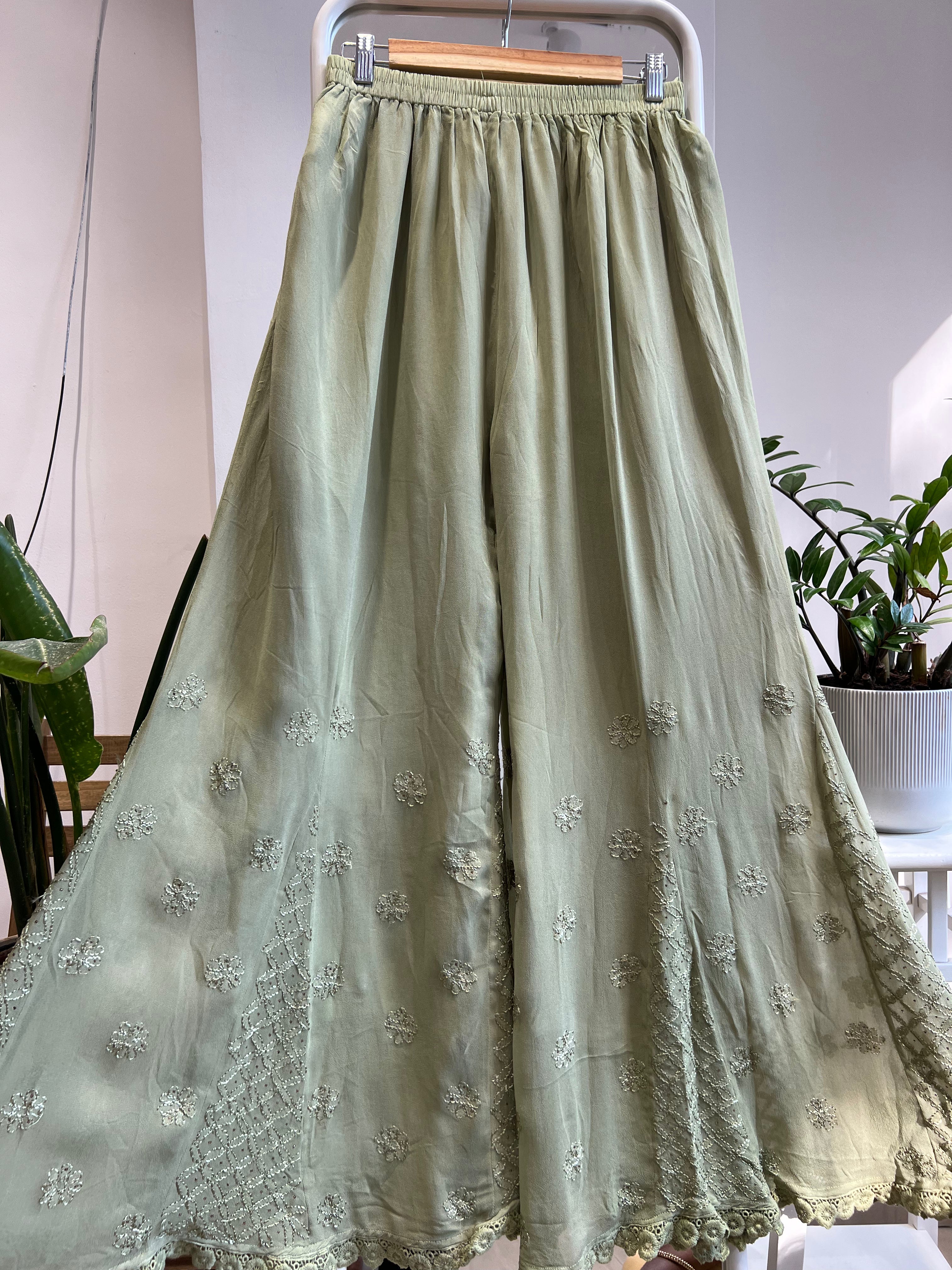 Chikankari Plazzo with mukaish - Flare - Sheen Green ARIAA CHIKANKARI