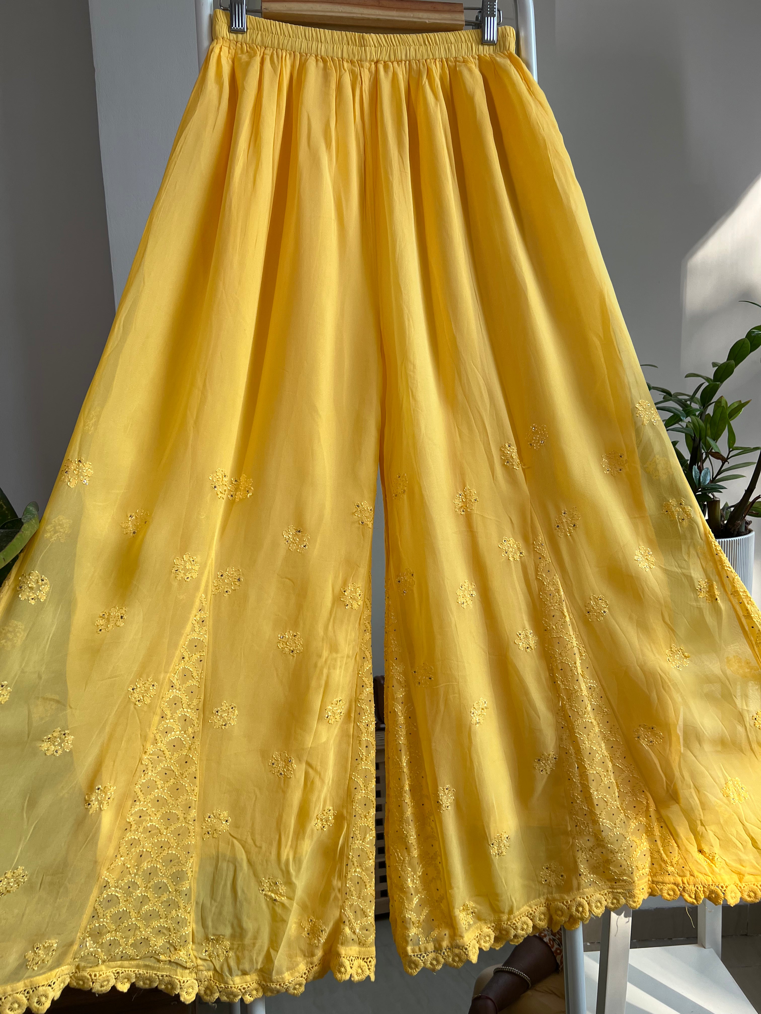 Chikankari Plazzo with mukaish - Flare - Yellow ARIAA CHIKANKARI