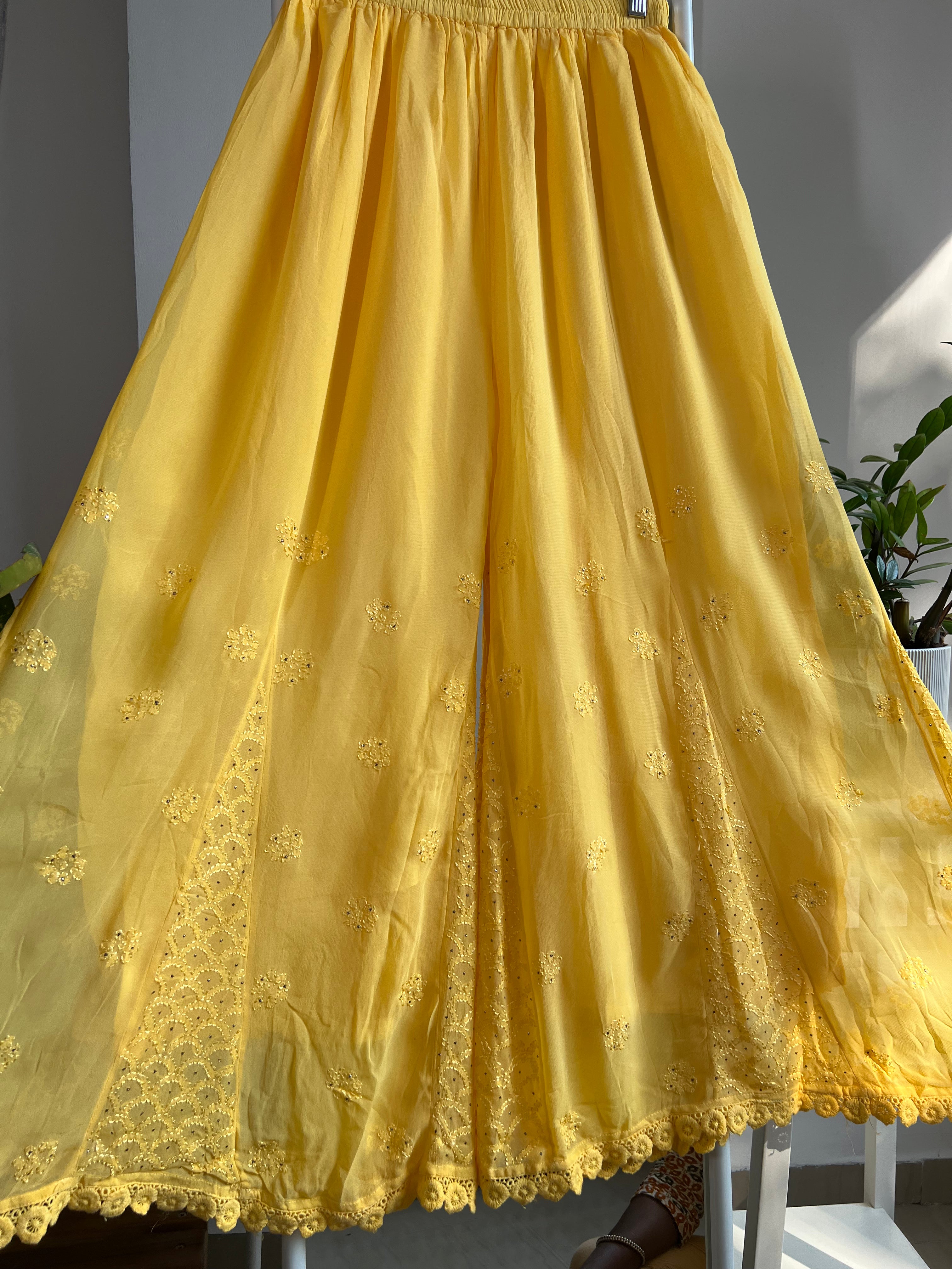 Chikankari Plazzo with mukaish - Flare - Yellow ARIAA CHIKANKARI