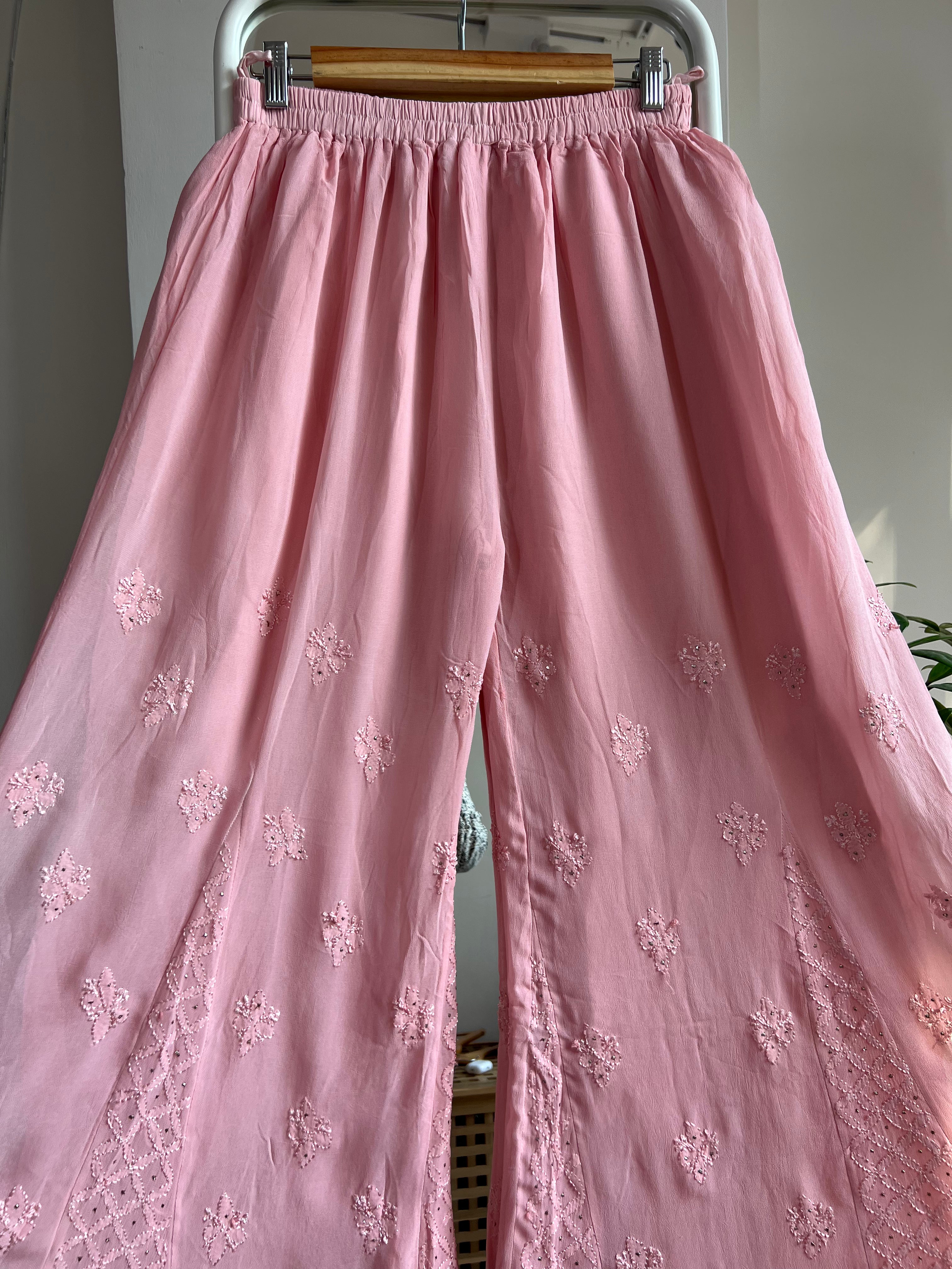 Chikankari Plazzo with mukaish - Flare - Pale Pink ARIAA CHIKANKARI