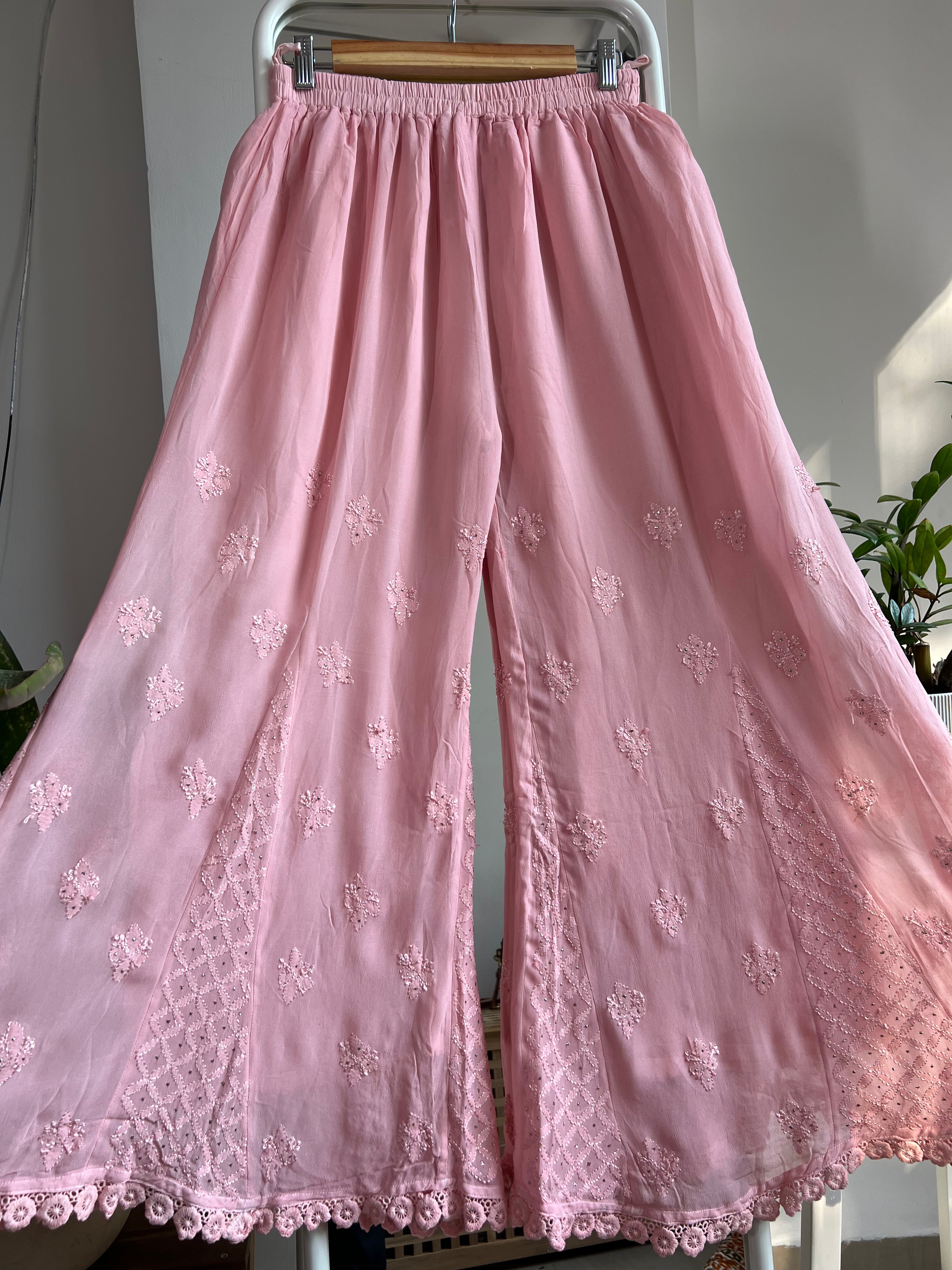 Chikankari Plazzo with mukaish - Flare - Pale Pink ARIAA CHIKANKARI