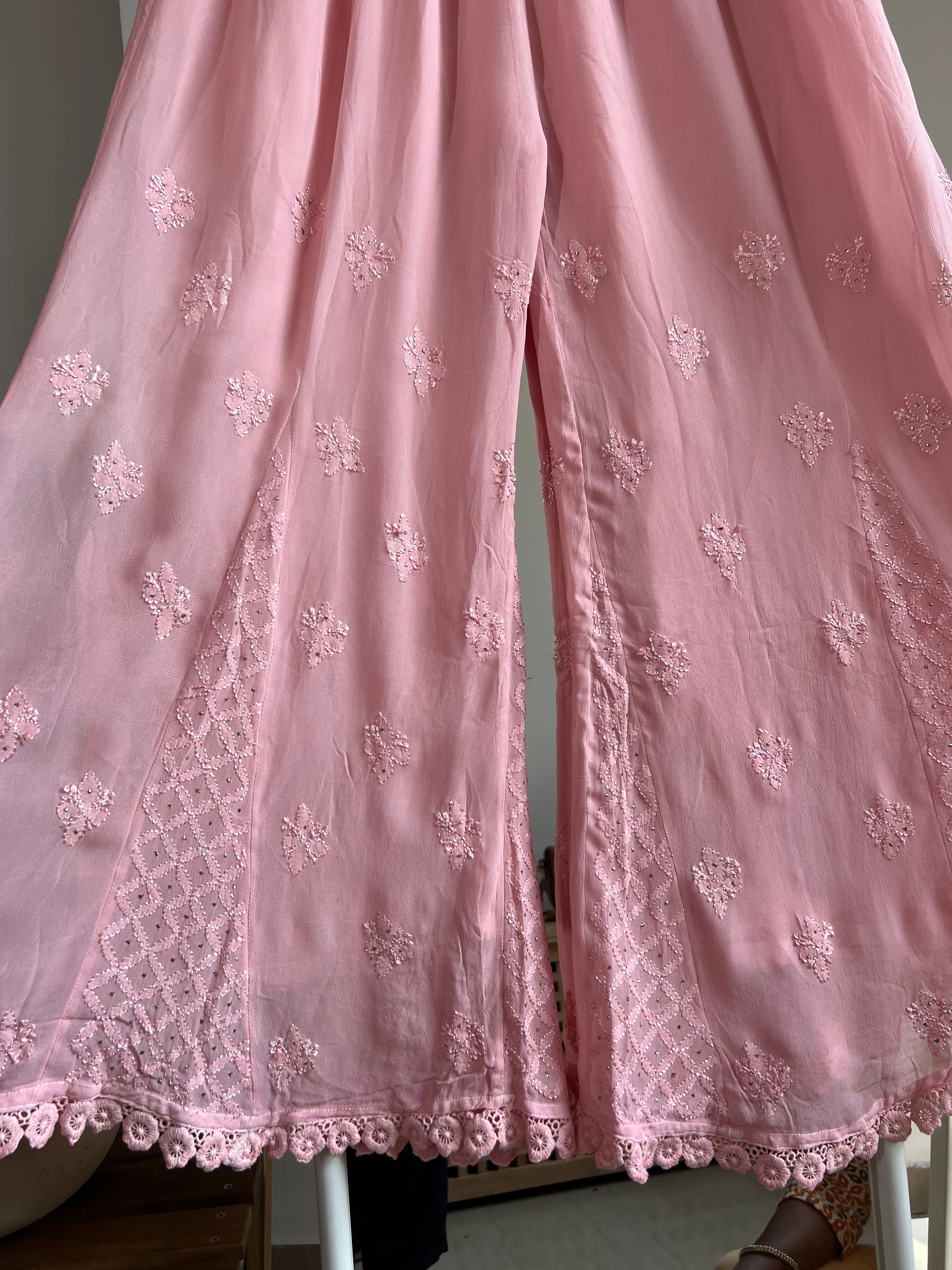Chikankari Plazzo with mukaish - Flare - Pale Pink ARIAA CHIKANKARI