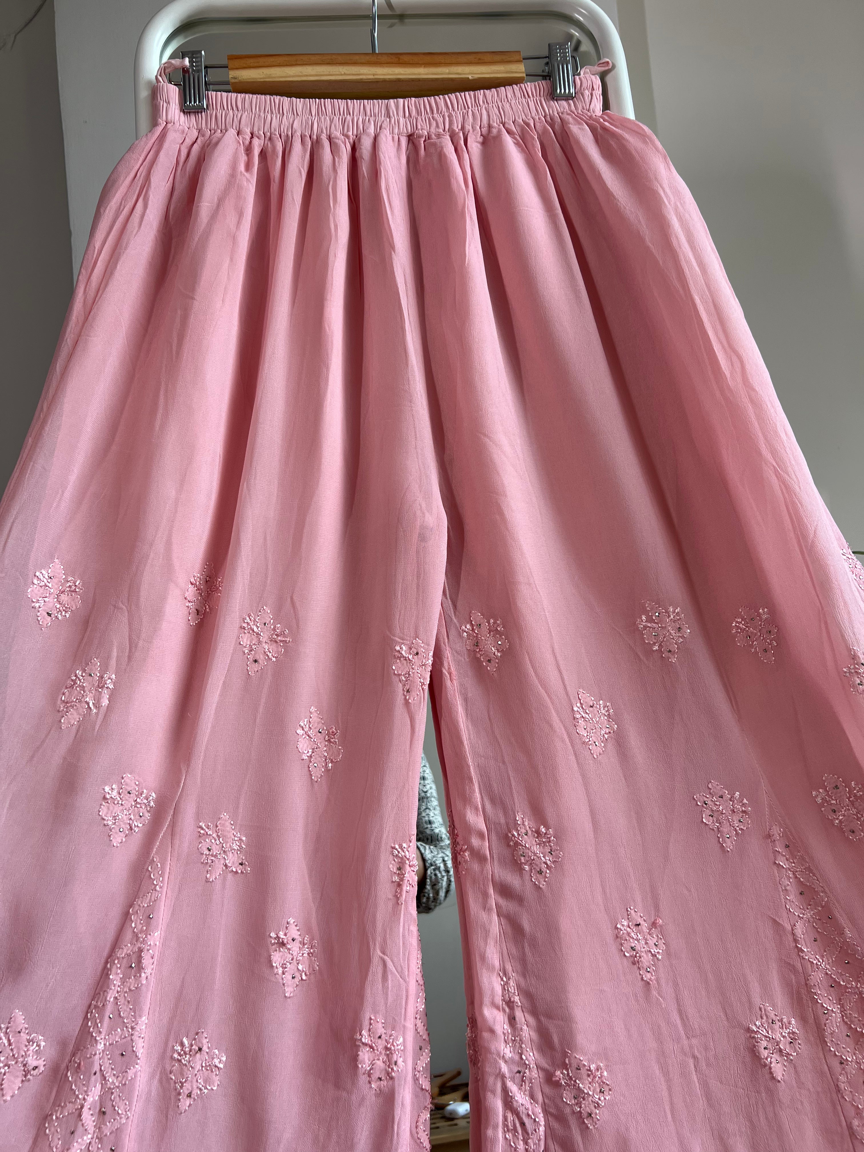 Chikankari Plazzo with mukaish - Flare - Pale Pink ARIAA CHIKANKARI
