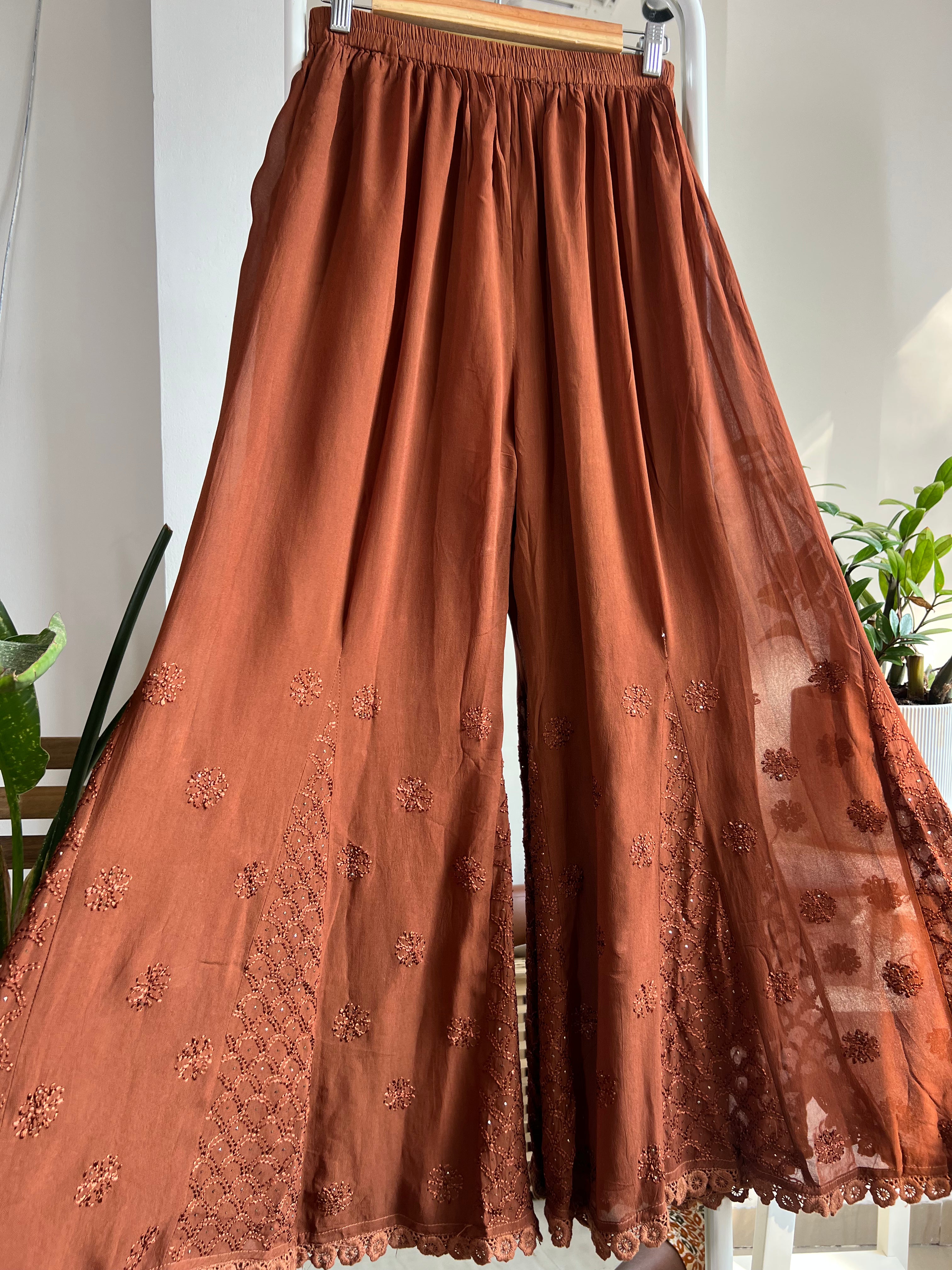 Chikankari Plazzo with mukaish - Flare - Brown ARIAA CHIKANKARI