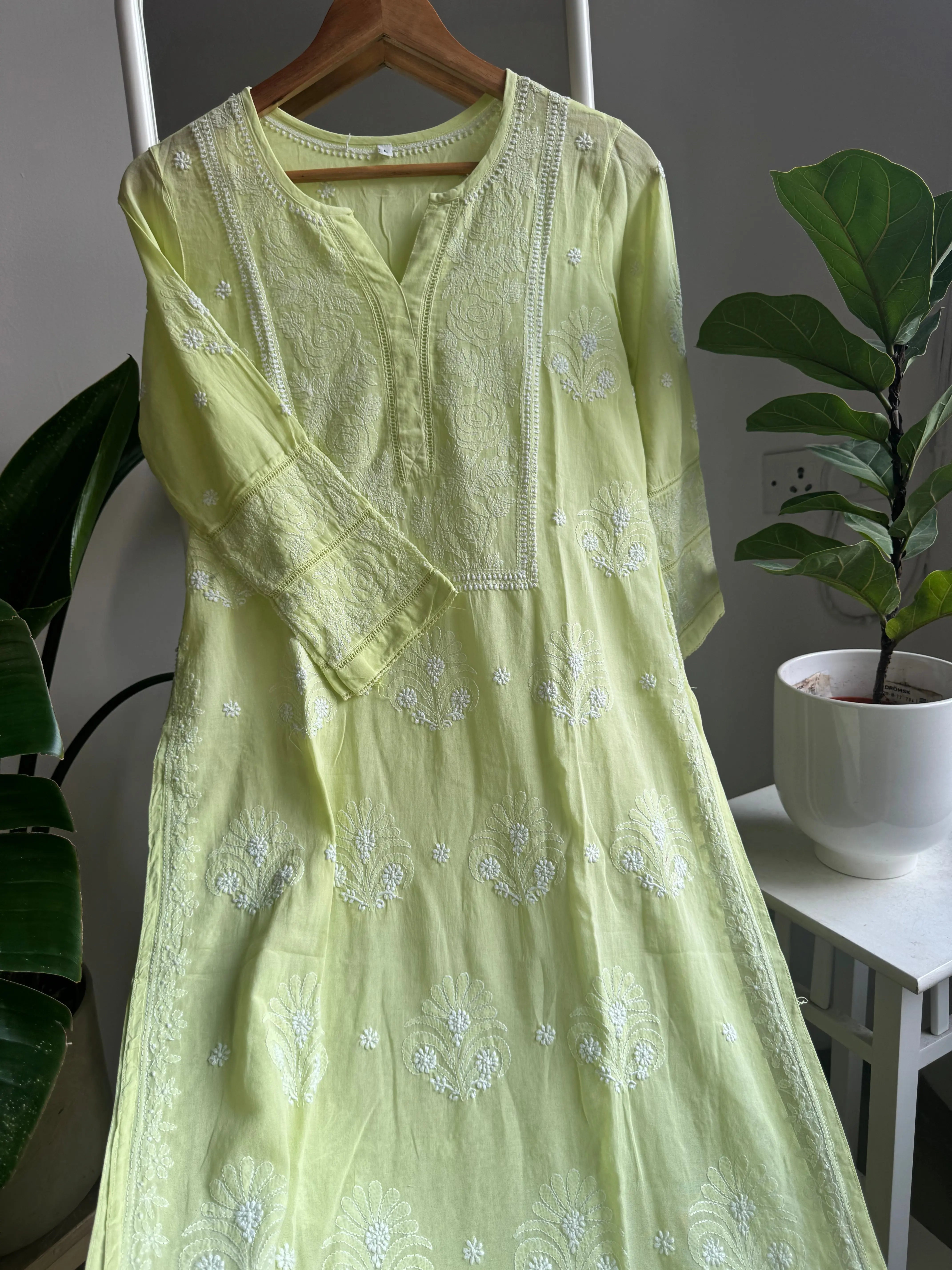 Mul Cotton Chikankari Kurti - Lemon Green ARIAA CHIKANKARI
