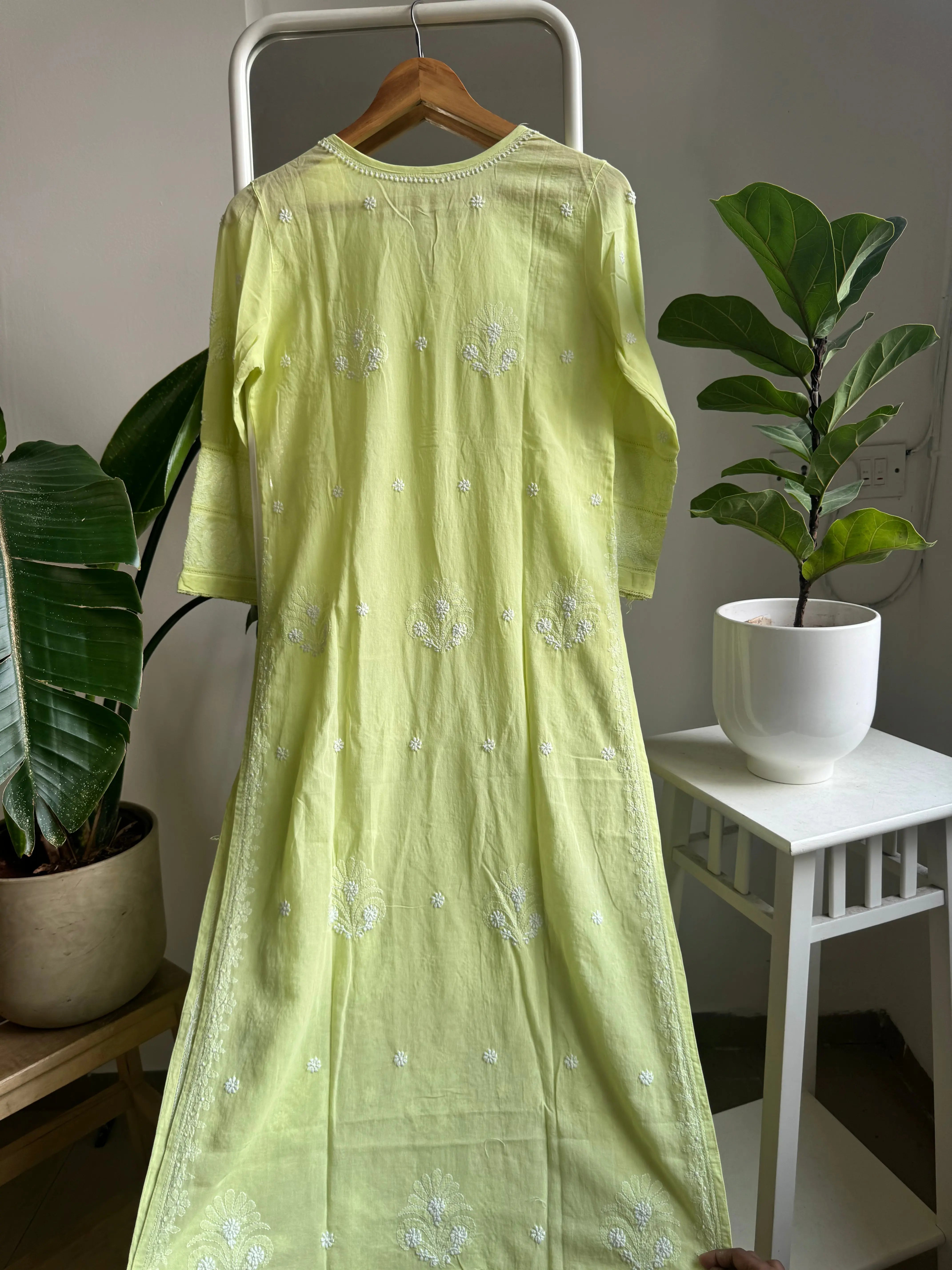 Mul Cotton Chikankari Kurti - Lemon Green ARIAA CHIKANKARI