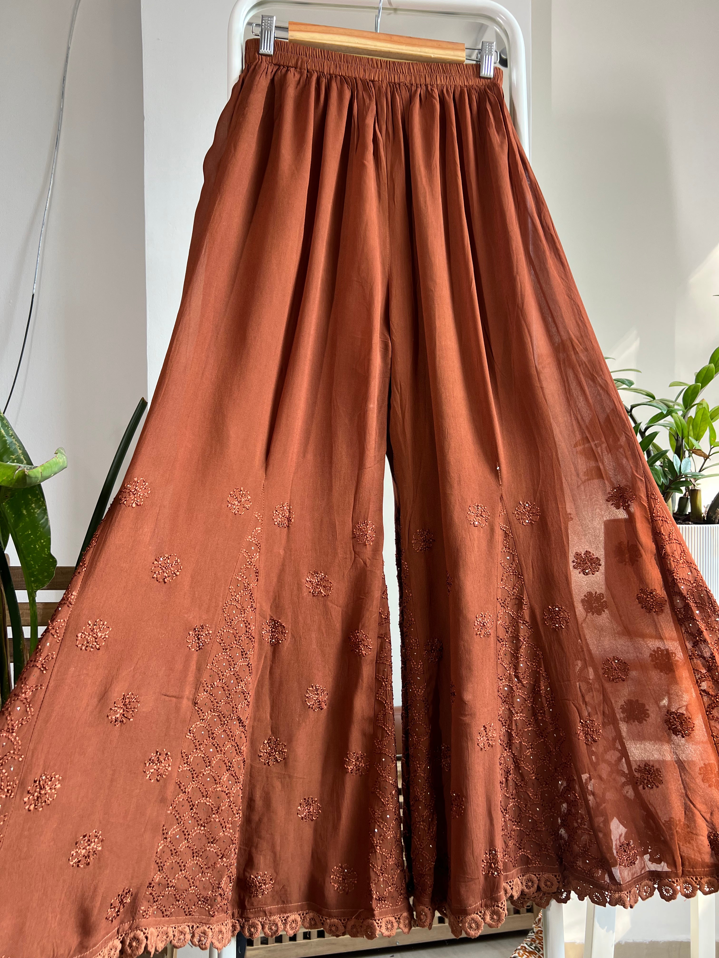 Chikankari Plazzo with mukaish - Flare - Brown ARIAA CHIKANKARI