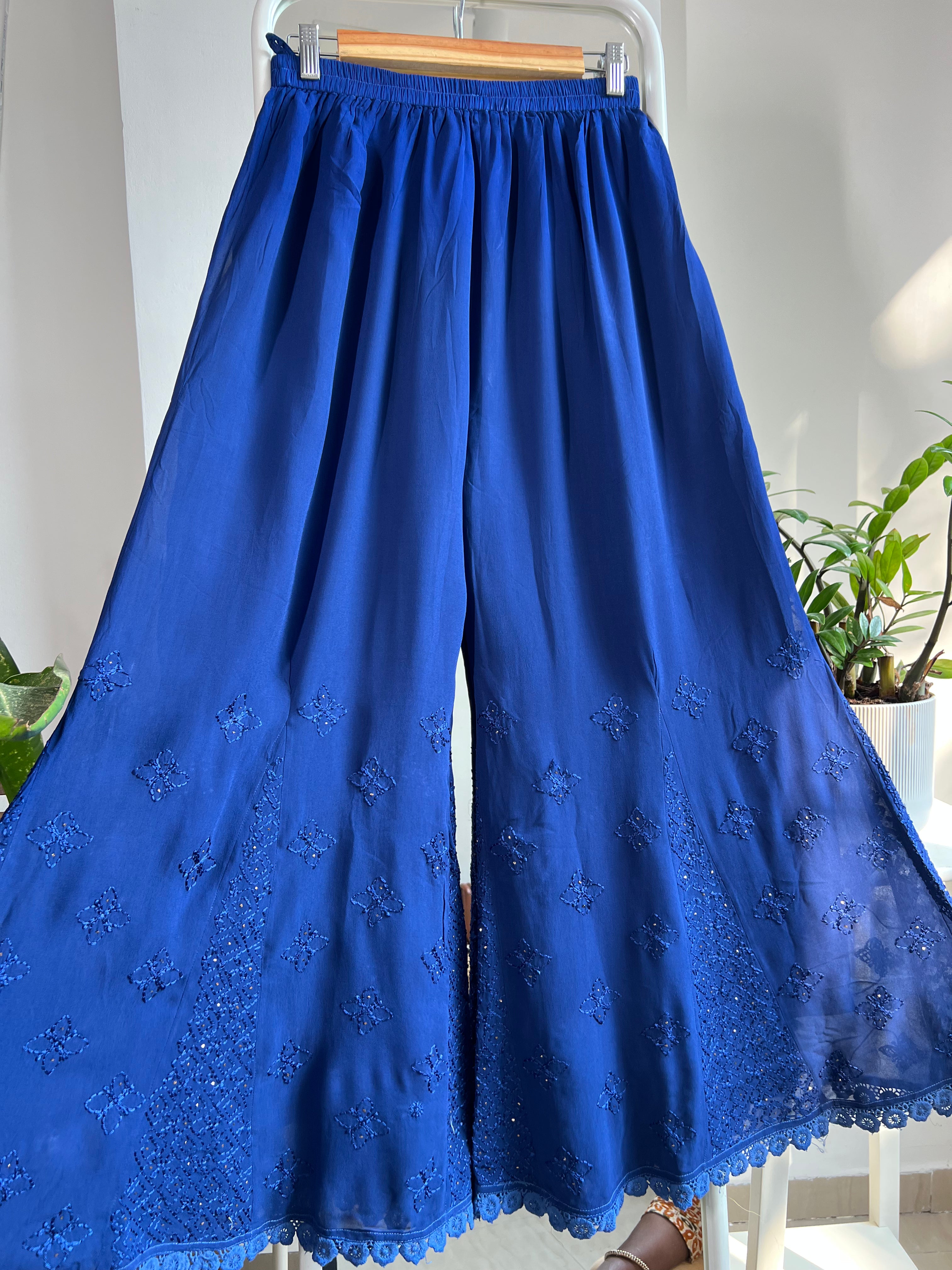 Chikankari Plazzo with mukaish - Flare - Navy Blue ARIAA CHIKANKARI