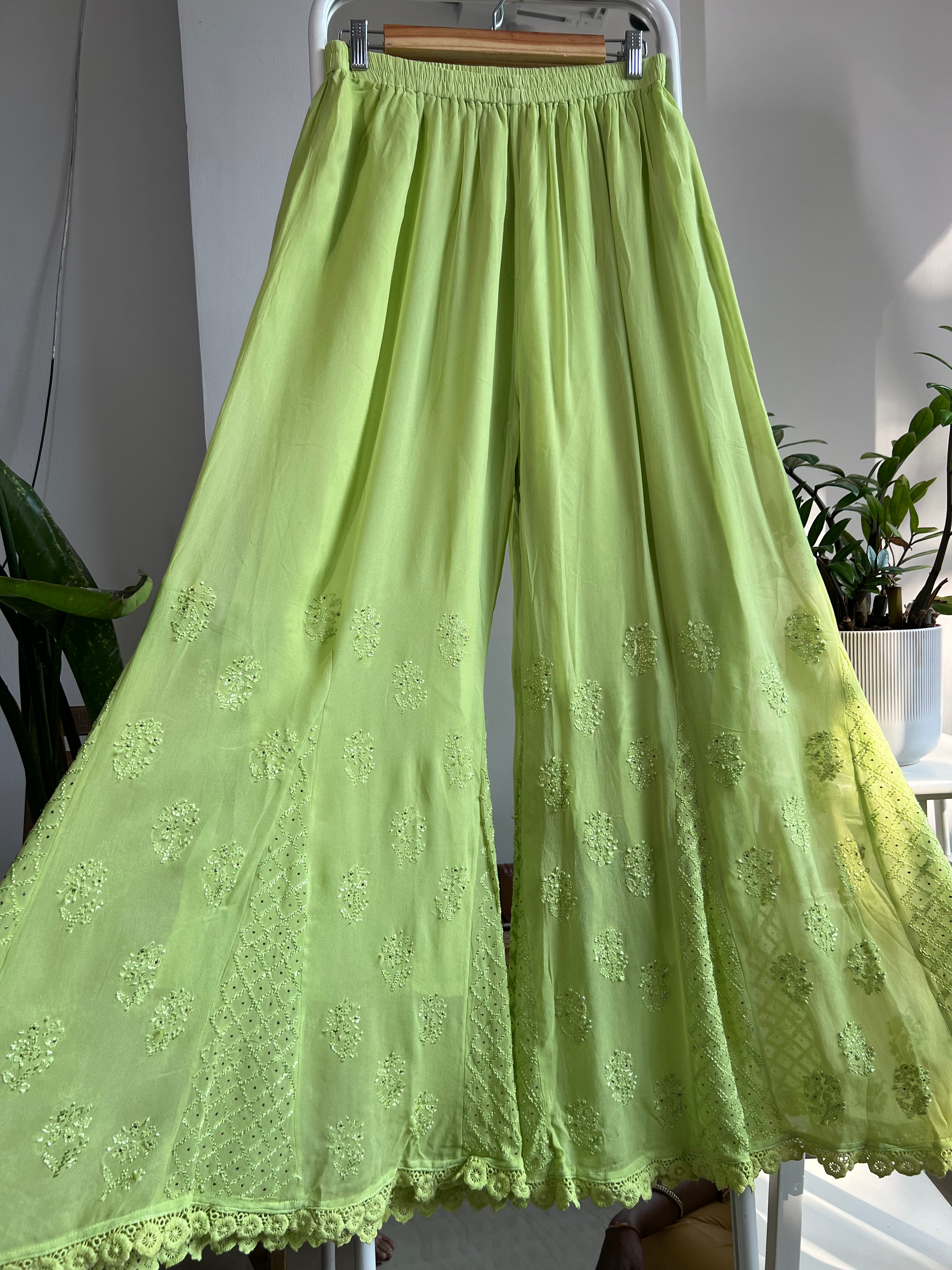 Chikankari Plazzo with mukaish - Flare - Bright Green ARIAA CHIKANKARI