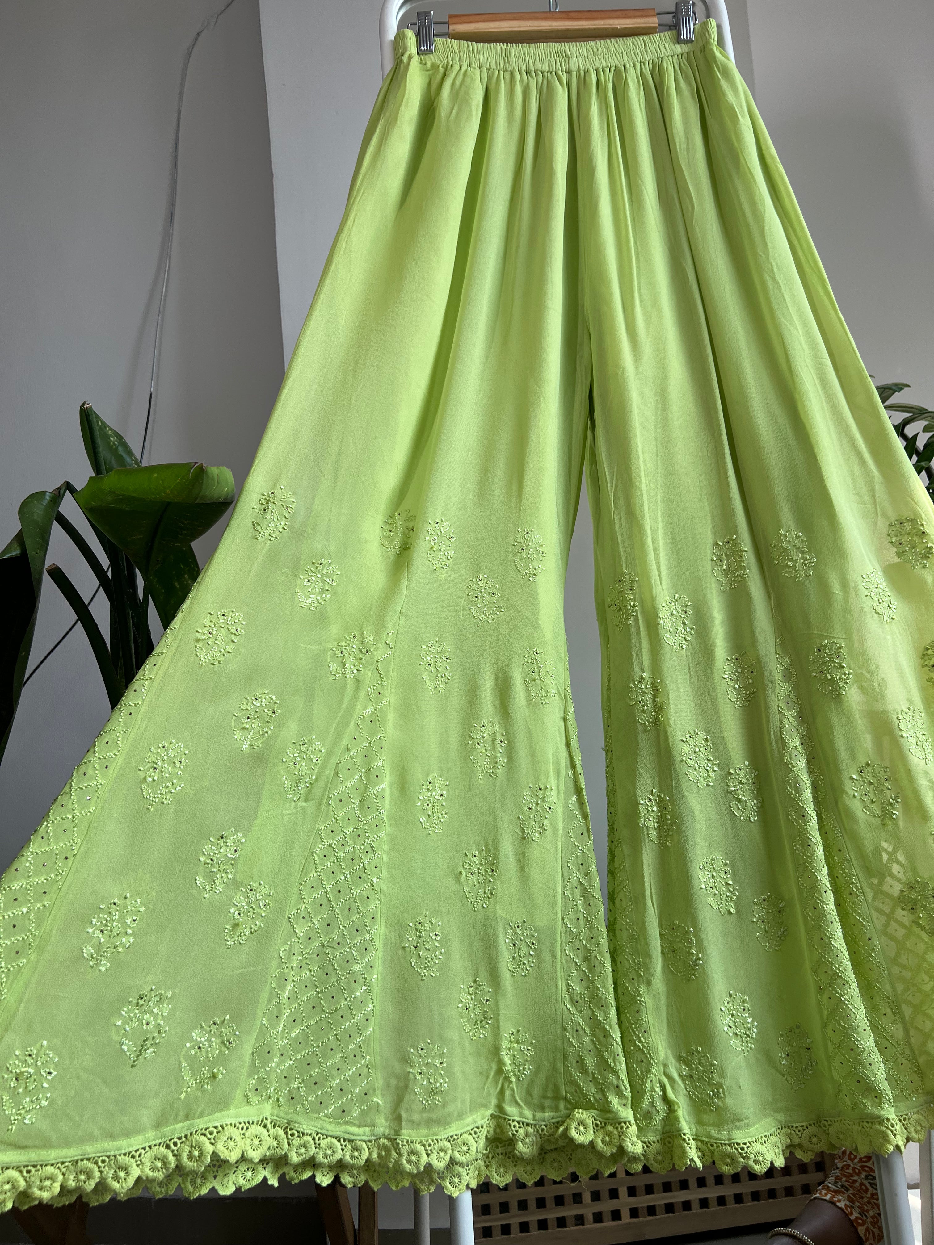 Chikankari Plazzo with mukaish - Flare - Bright Green ARIAA CHIKANKARI