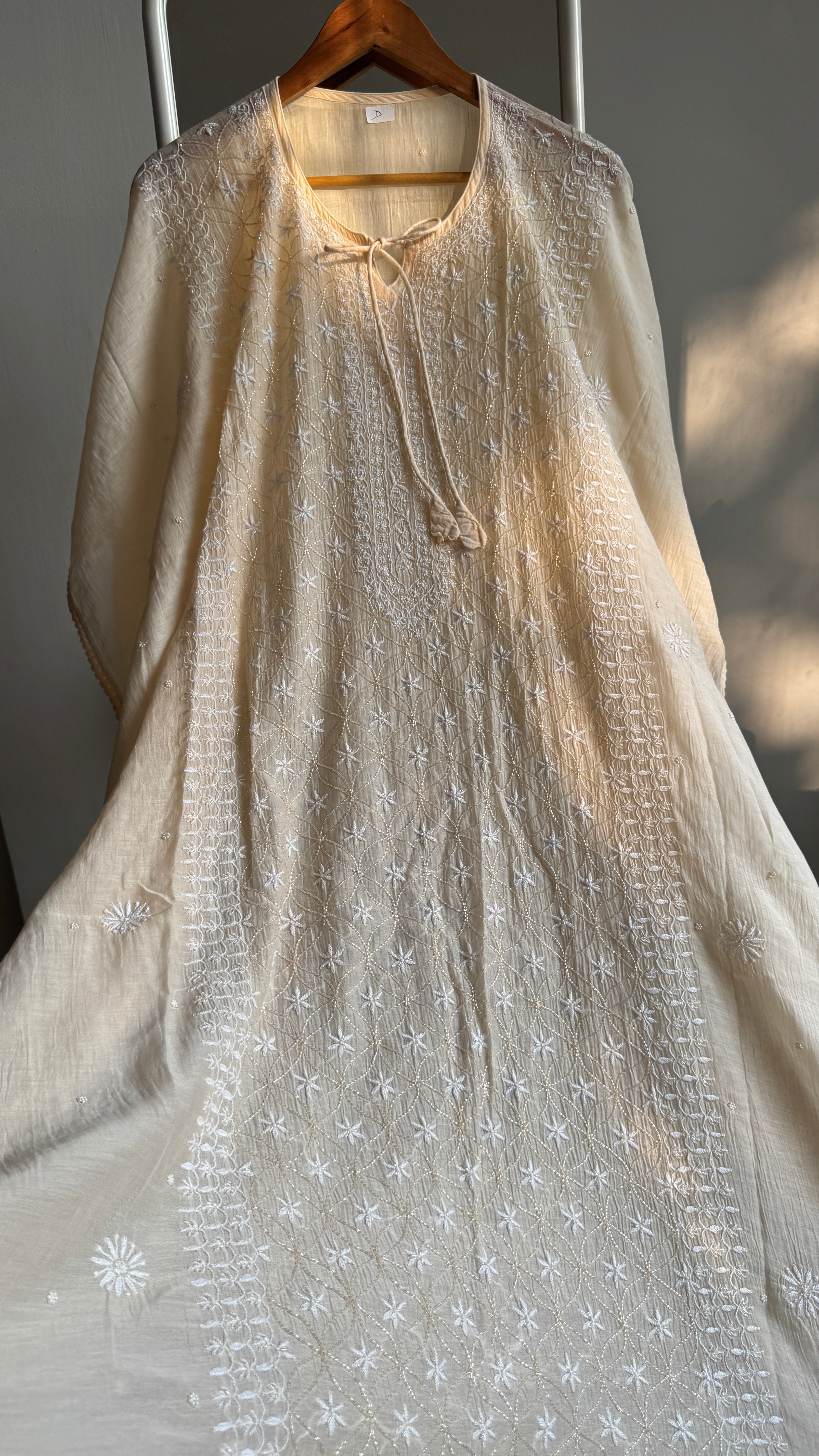 Mul Chanderi Chikankari Kaftan - Ivory
