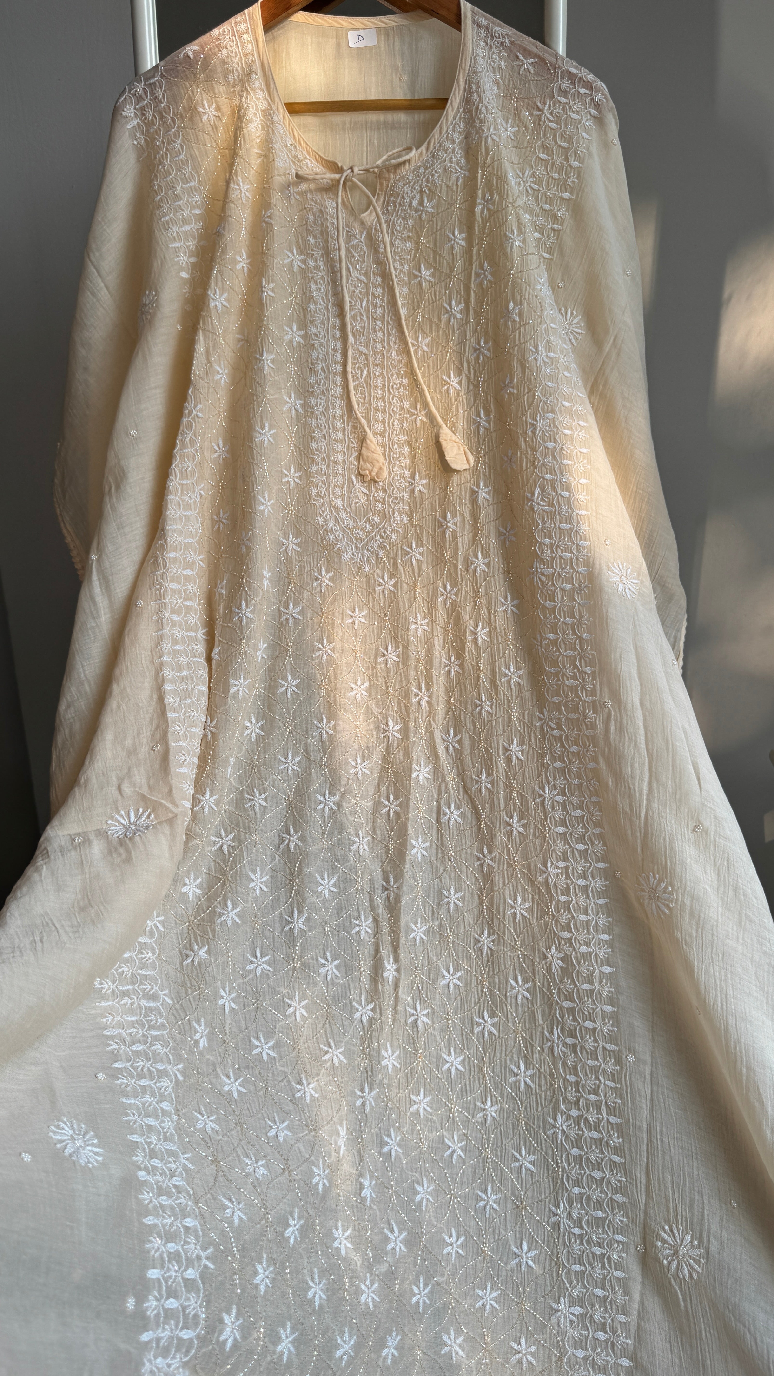 Mul Chanderi Chikankari Kaftan - Ivory
