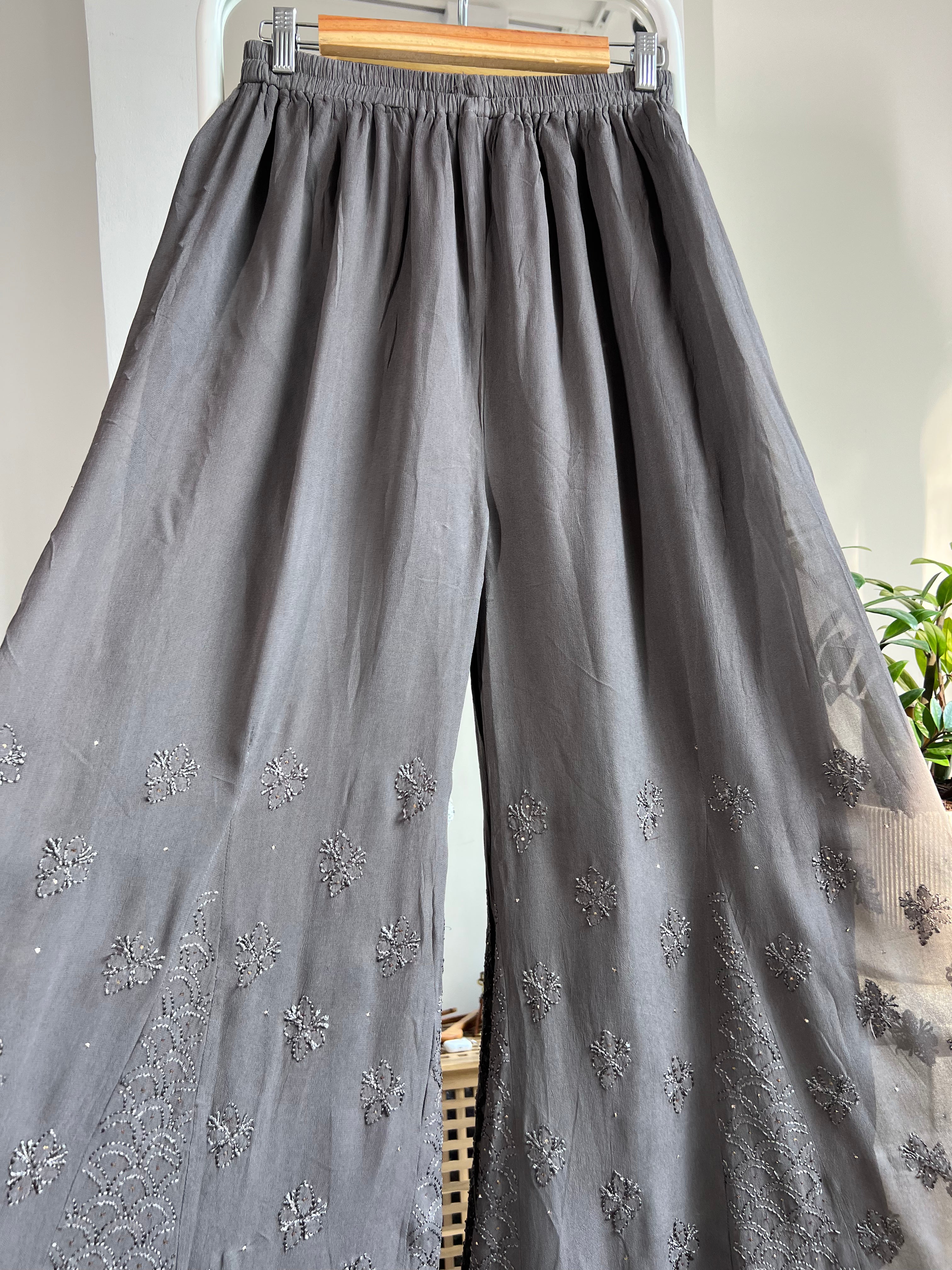 Chikankari Plazzo with mukaish - Flare - Mink Grey ARIAA CHIKANKARI