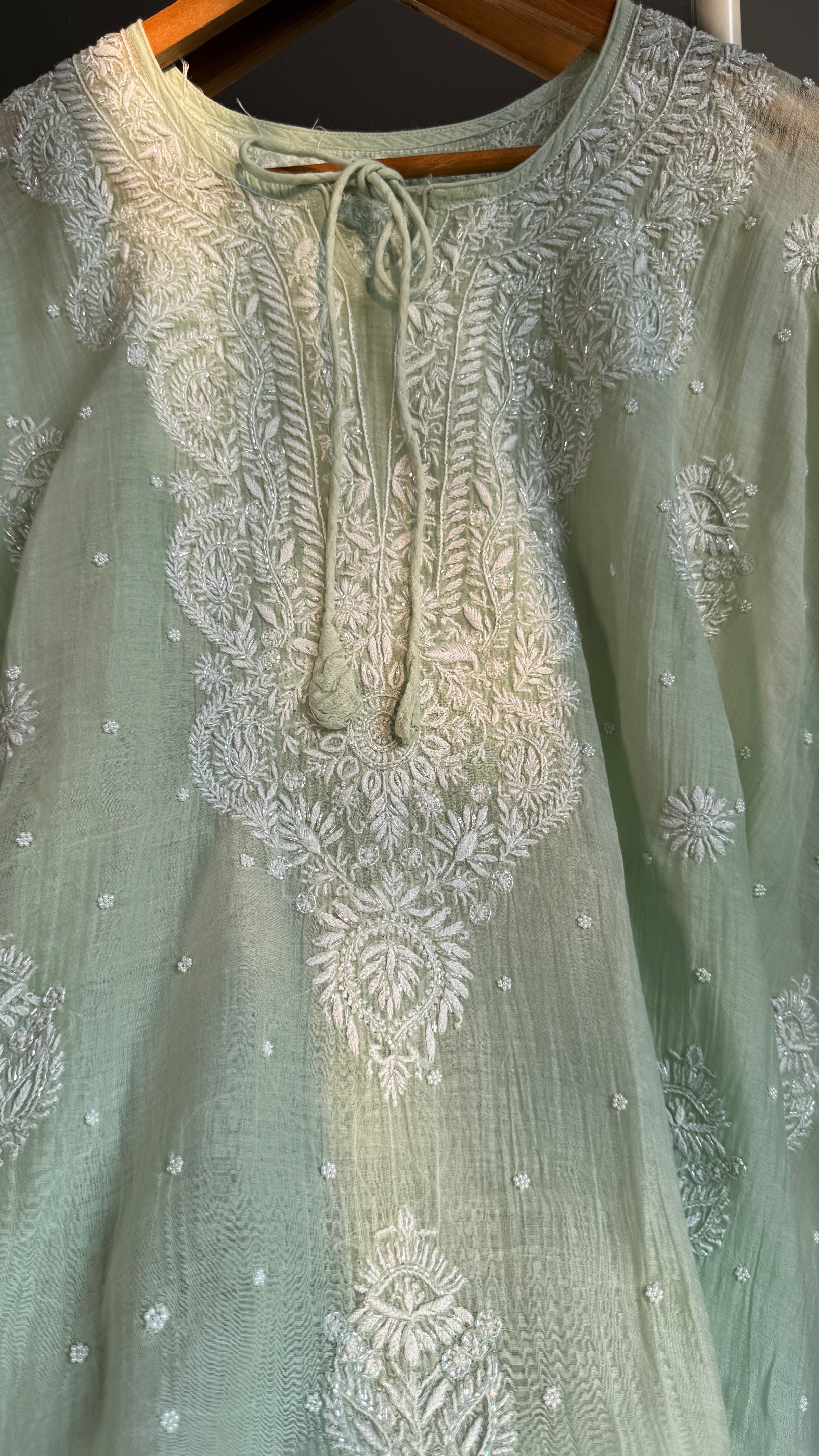 Mul Chanderi Chikankari Kaftan - Green